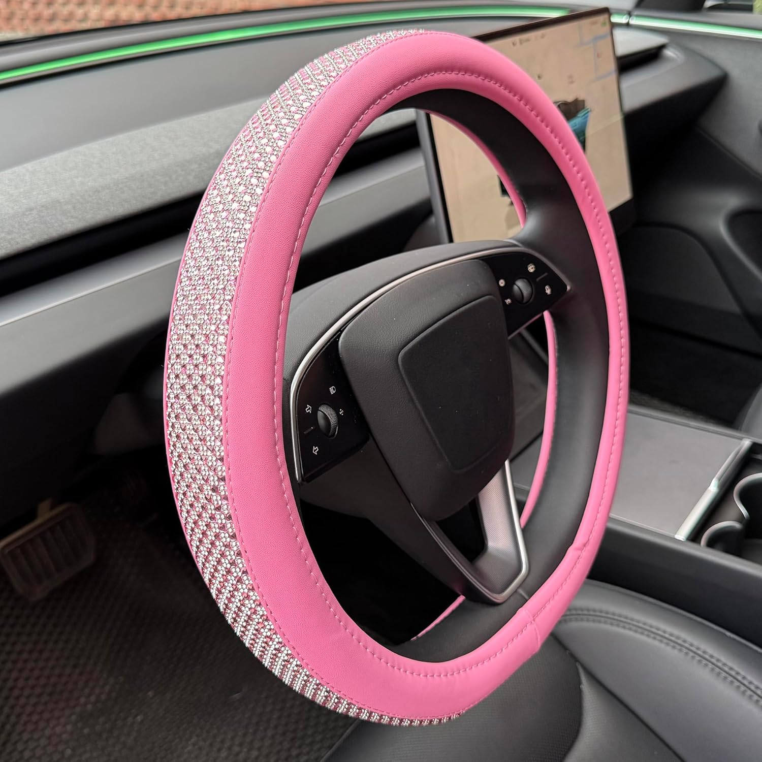 PINCTROT Bling Bling Comfy Steering Wheel Cover with Jumbo Crystal Rhinestones, Anti-Slip Diamond Leather, Universal 15 Inch (Silver) image number 3