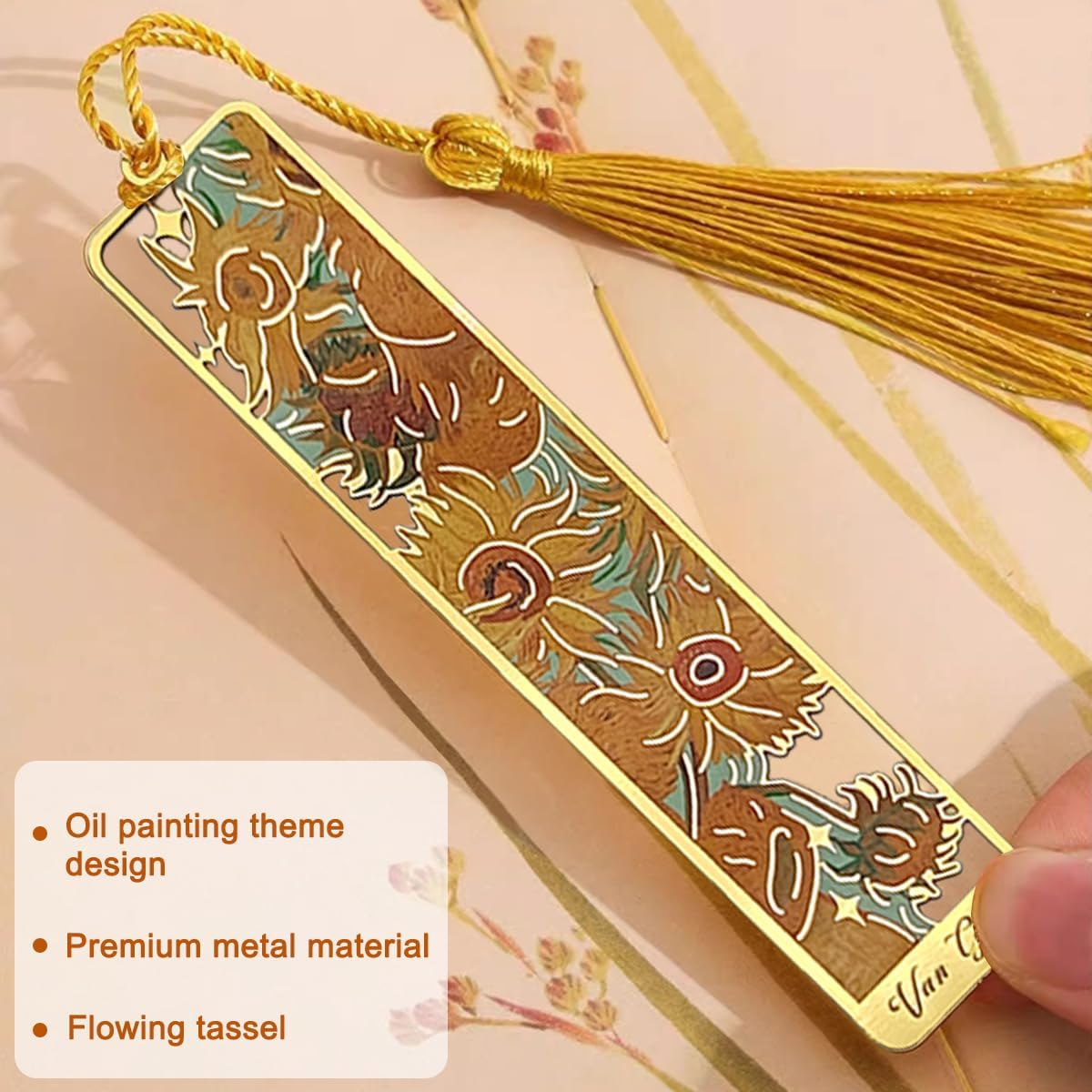 6 Pcs Metal Bookmark with Tassels, Finegood Golden Hollow Bookmarks for Women Oil Painting Book Marks for Reading Book Lovers image number 6