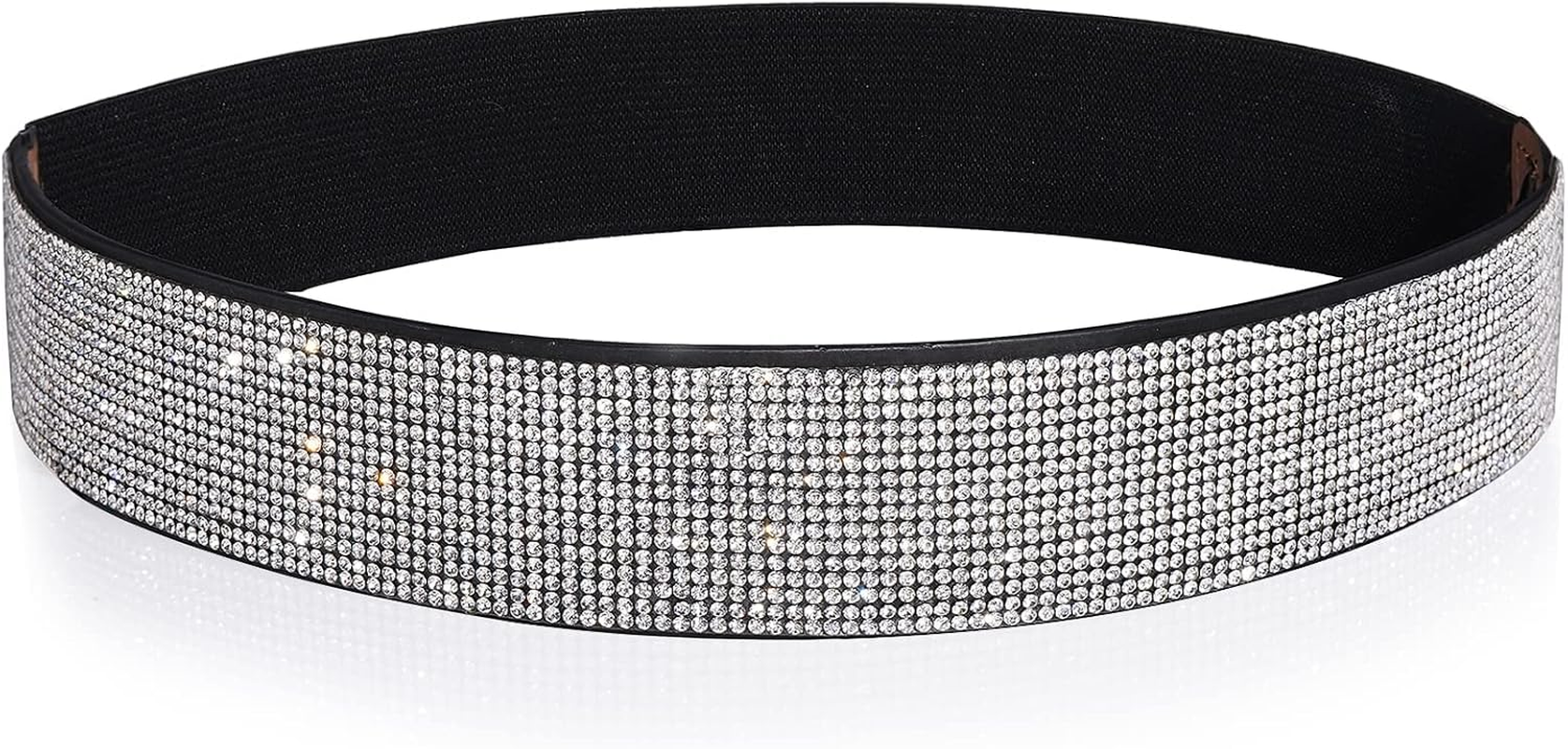 Yooai Rhinestone Elastic PU Leather Belt Shiny Crystal Stretch Waist Belt Wide Waist Band for Women Dress