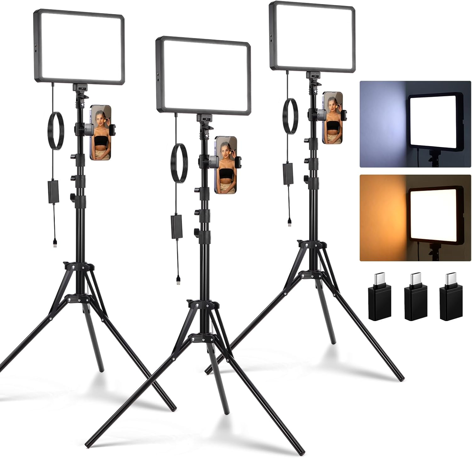 NEEWER Basics 3 Pack LED Video Panel Light, Studio Lighting Kit with Tripod Stand & Phone Holder for Video Recording Photography Streaming, 850Lx/0.5M Bi Color 2700-6500K Dimmable Key Light, BP300 image number 6