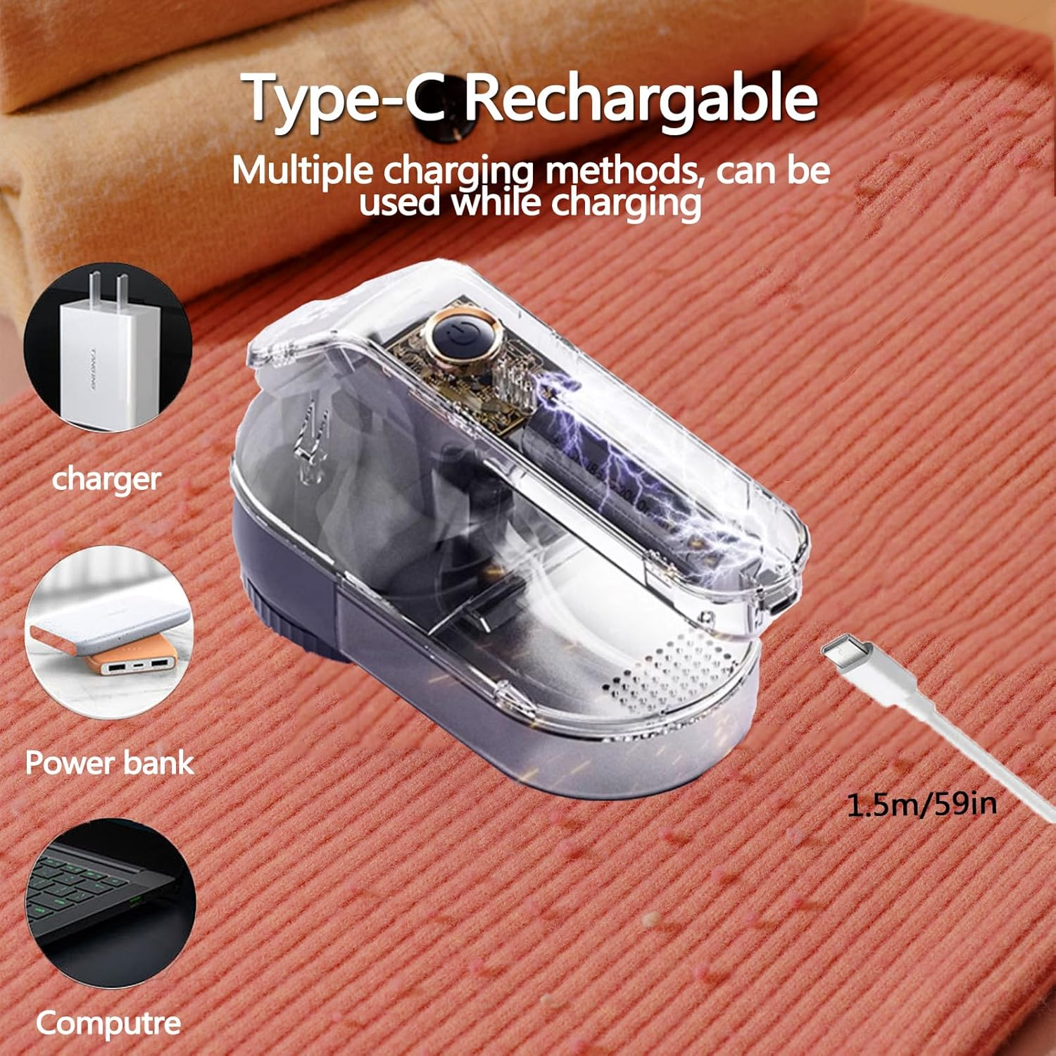 Rechargeable Electric Lint Fabric Shaver with 3 Speeds & 2 Replacement Blades,Led Display Portable Fuzz Remover for Pilling Clothes,Couch, Sweater image number 2