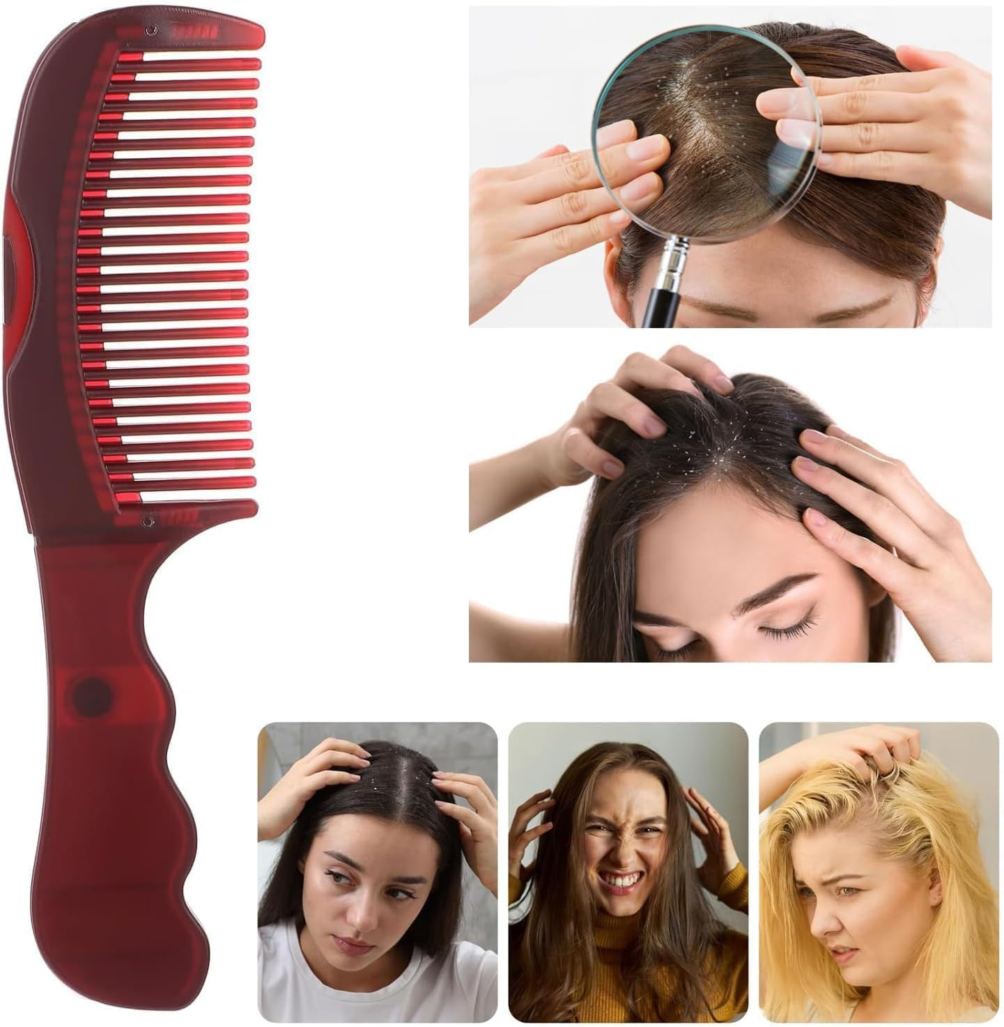2Pcs Dandruff Fine Tooth Red Scalp Detox Combs, Hollow Teeth Energy Massage Dandruff Comb, Fine Tooth Remover and Relief Comb with Hollow Tooth Hairbrush image number 6