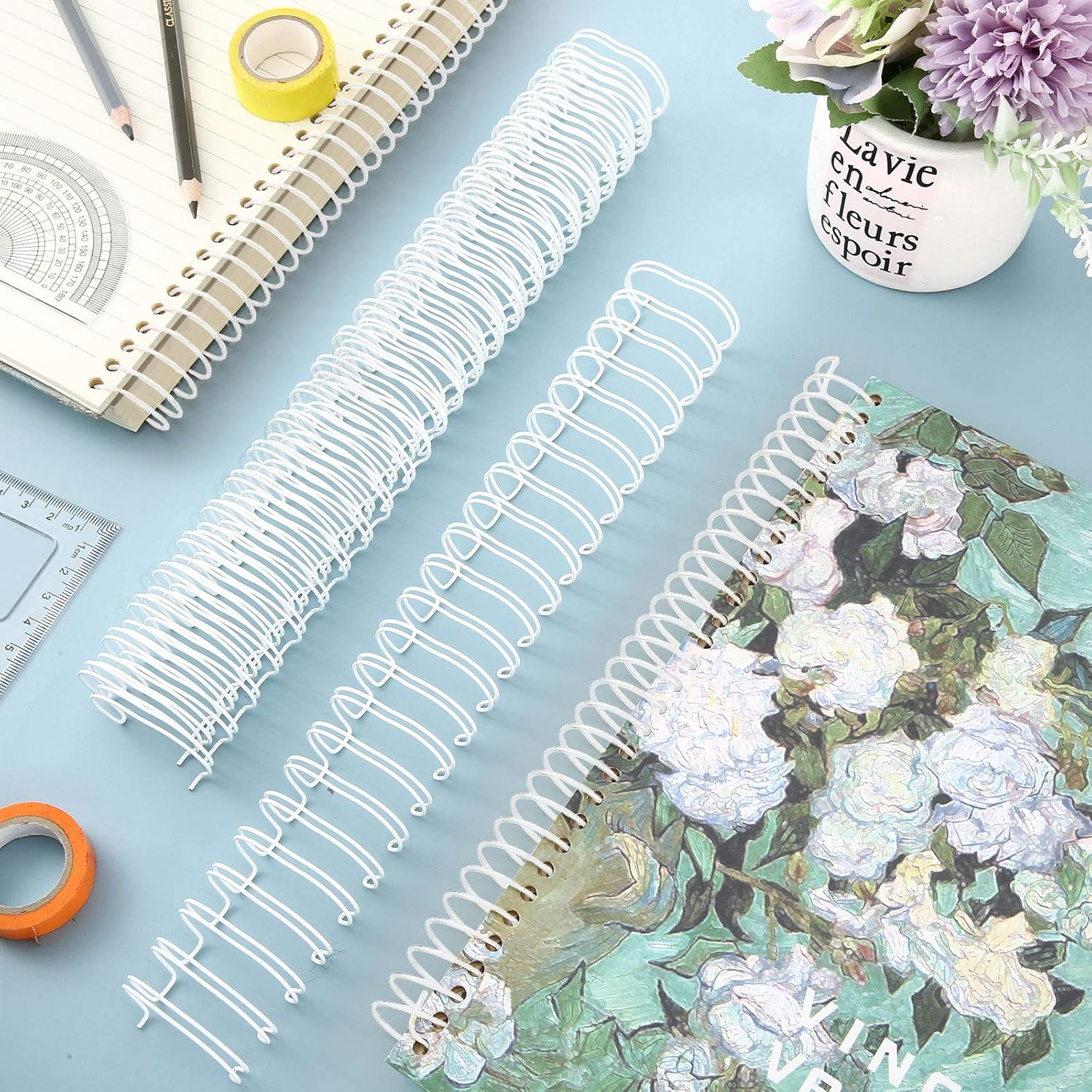 Zonon 6 Pieces Binding Wire Twin Loop Spines Double Loop Binding Wire 1 Inch Cinch Diameter 23 Holes for Teacher Student Document Notebook Making(White) image number 2