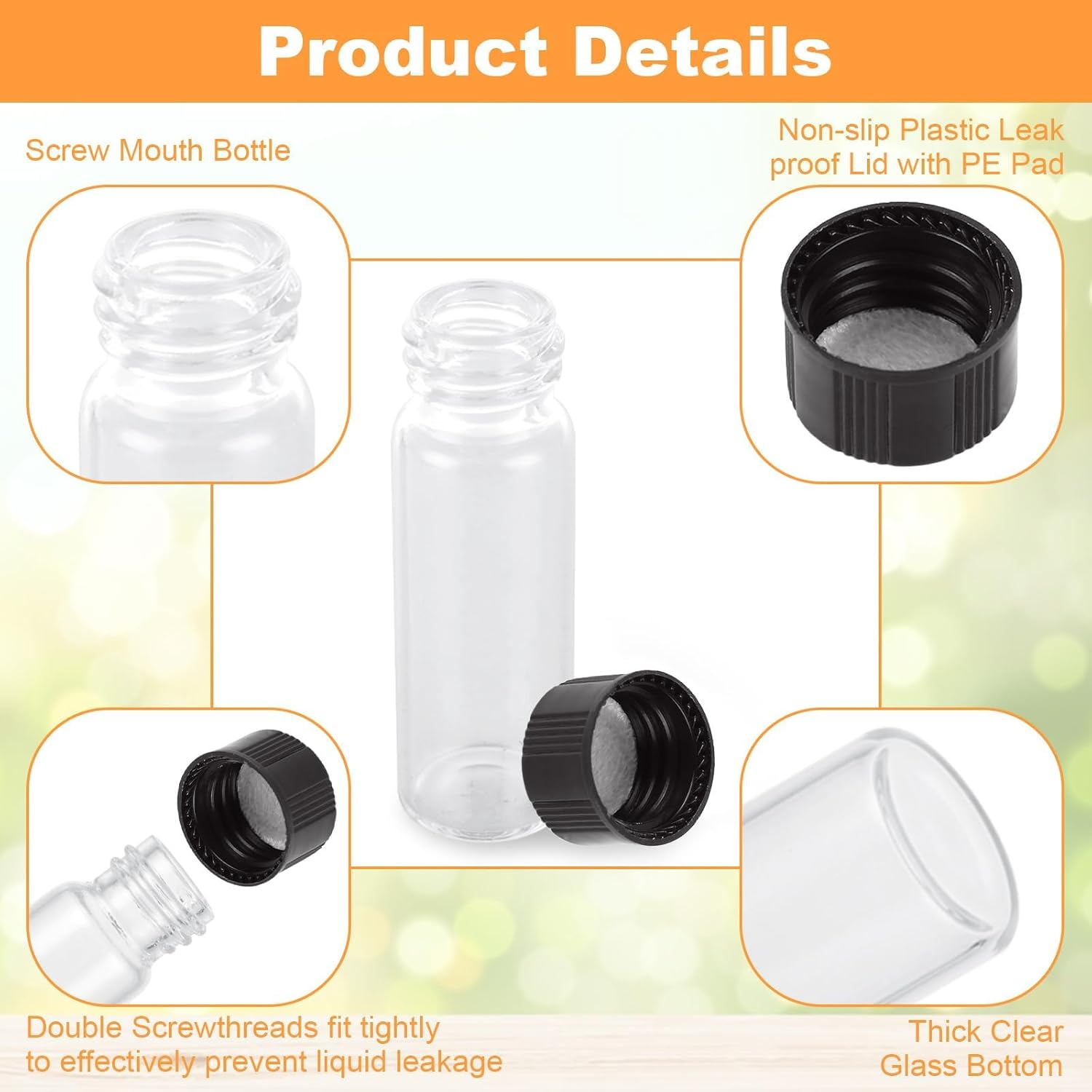 100 Pack 4Ml (1 Dram) Glass Vials with Screw Caps Clear Small Liquid Sample Vials Empty Mini Glass Bottles for Essential Oil, with 10 Pcs Plastic Dropper image number 3