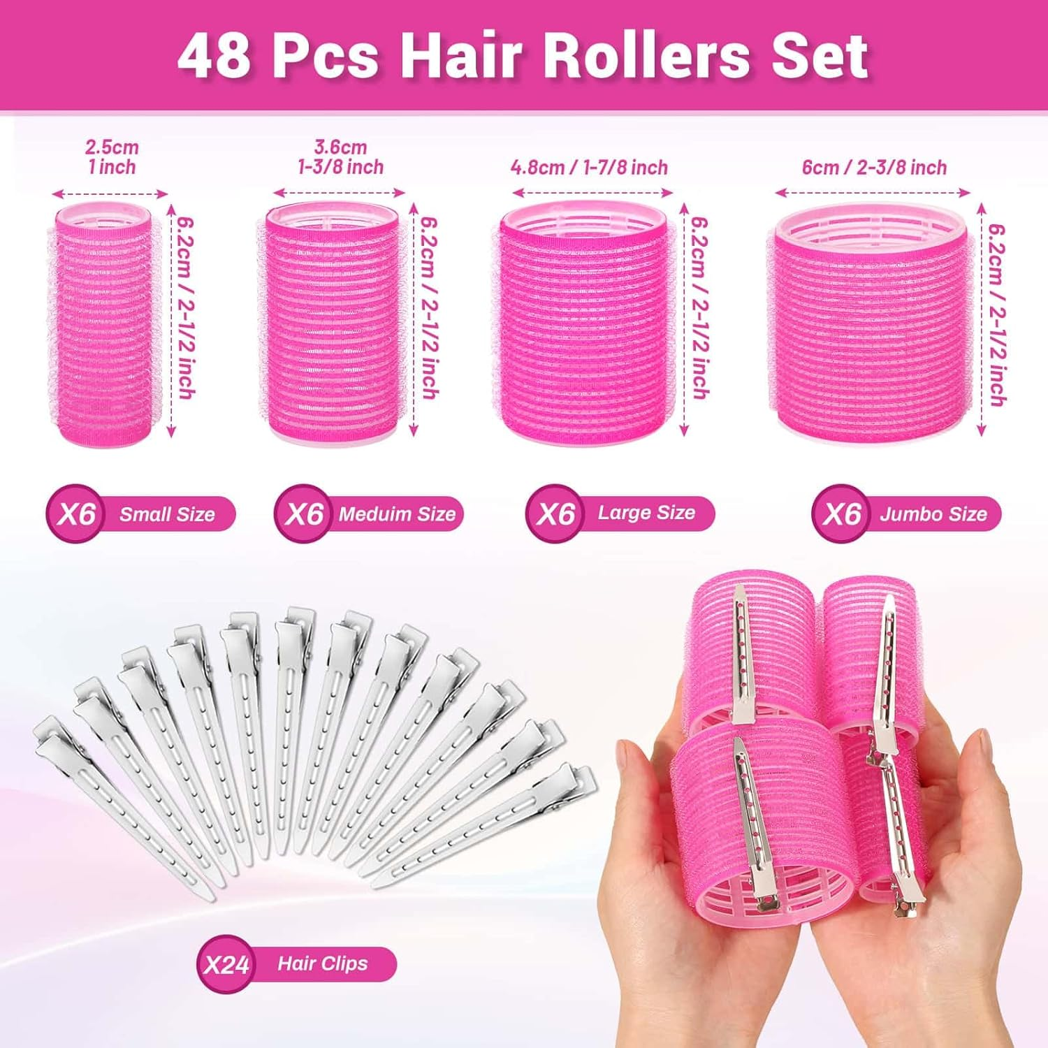 Rollers Hair Curlers 49 Pcs Set with 24Pcs Self Grip Hair Rollers 4 Sizes and 24 Pcs Hair Clips for Blowout Look Long Medium Short Thick Hair Volume