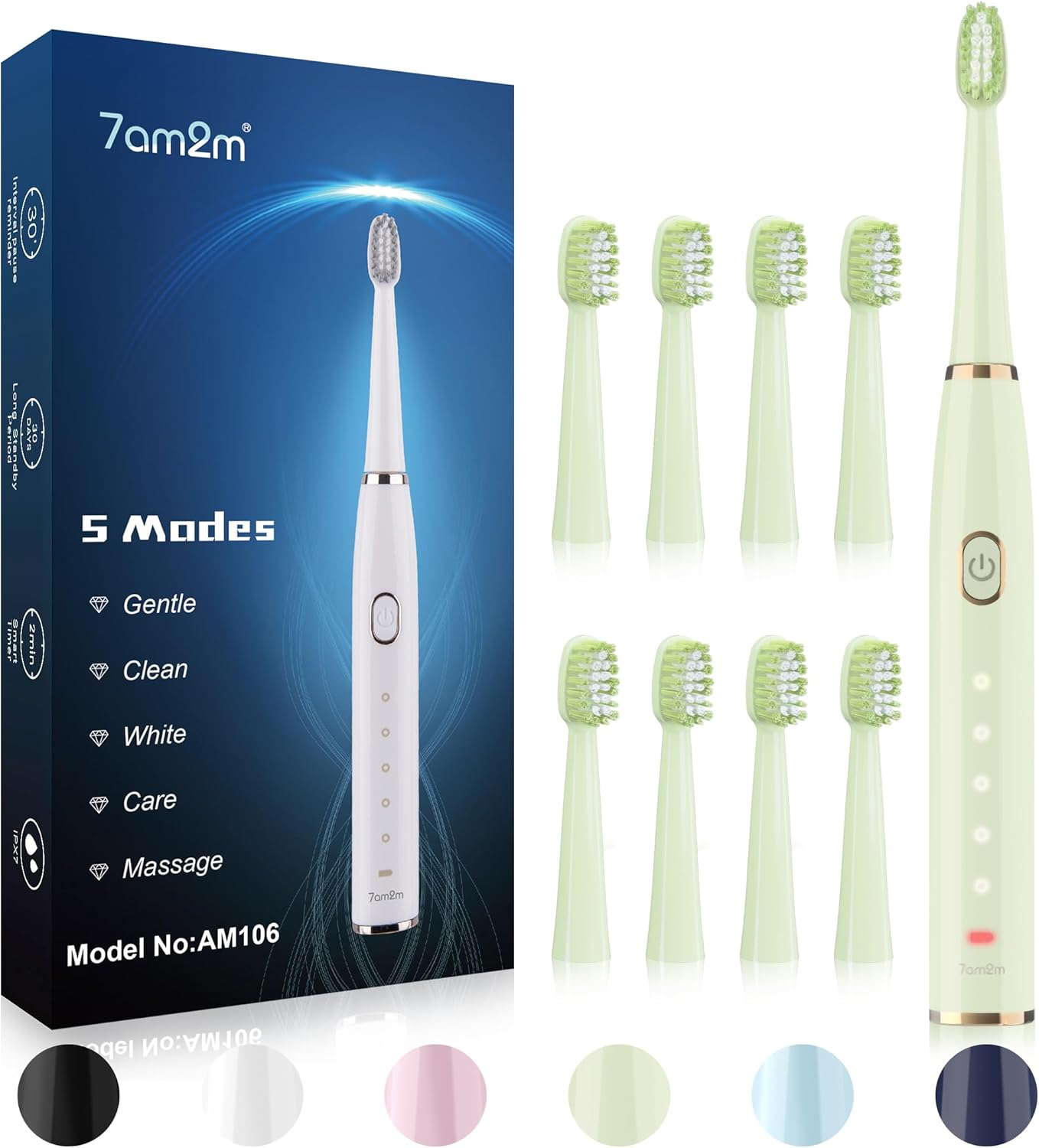 7AM2M Sonic Electric Toothbrush for Adults and Kids- High Power Rechargeable Toothbrushes with 8 Brush Heads,5 Adjustable Modes, Built-In 2-Minute Smart Timer,4 Hours Fast Charge for 30 Days (Blue)