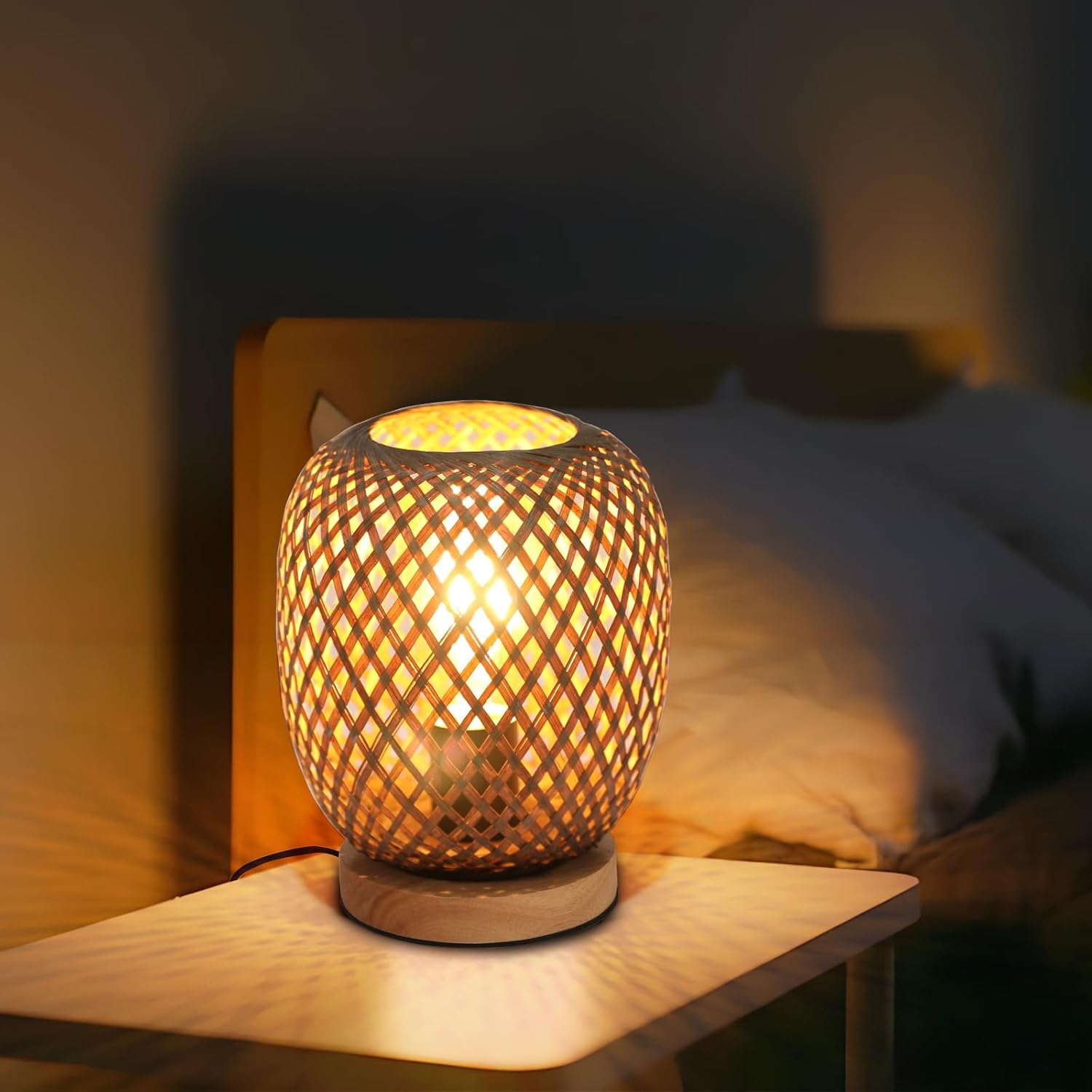 Bamboo Bedside Lamp, Vintage Retro Table Lamp with E27 Base and Built-In Dimmer, Ideal for Bedroom, Living Room and Office (Bulb Not Included) image number 1