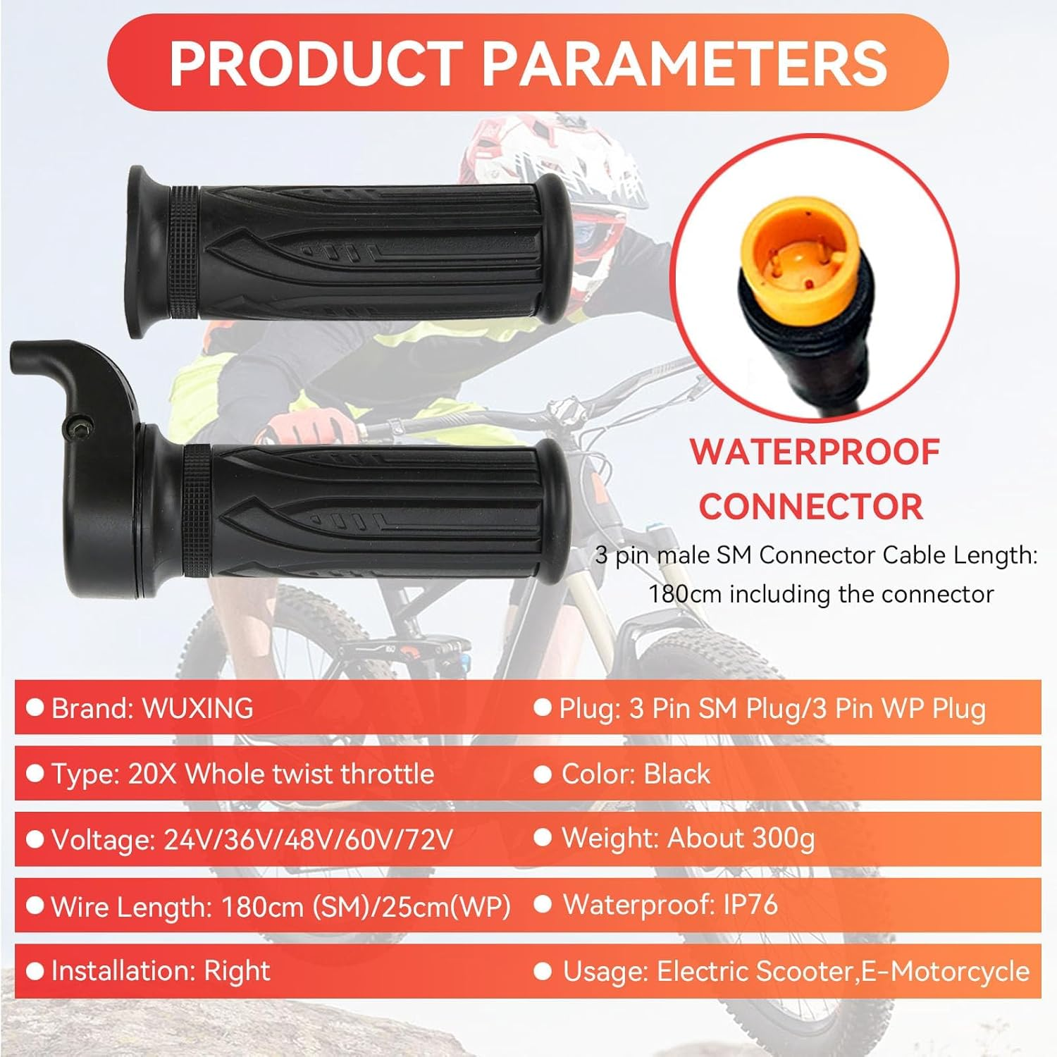Electric Bike Accessories 20X Full Twist Throttle,Ebike Parts for 12V 24V 36V 48V 52V 60V 72V, Right Hand Mount 3PIN Waterproof Plug for Conversion E-Bikes or Scooters Black image number 5