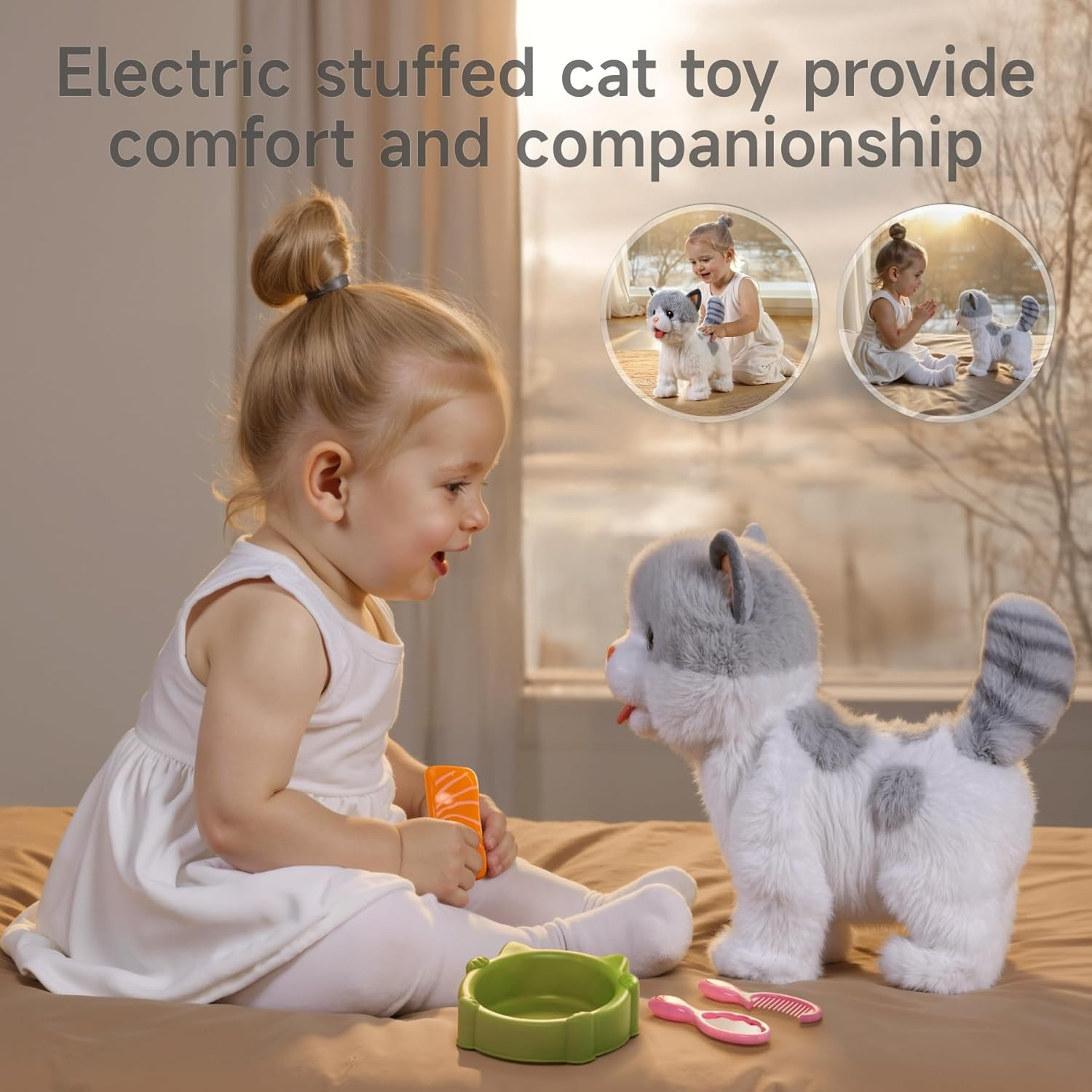 OR or TU Walking Toy Cat with Remote Control Leash, Plush Cat Electronic Interactive Toys for Kids, Shake Tail, Licking, Pretend Dress up Realistic Stuffed Animal Cat Age 3 4 5 6+ Years Old Best Gift image number 2