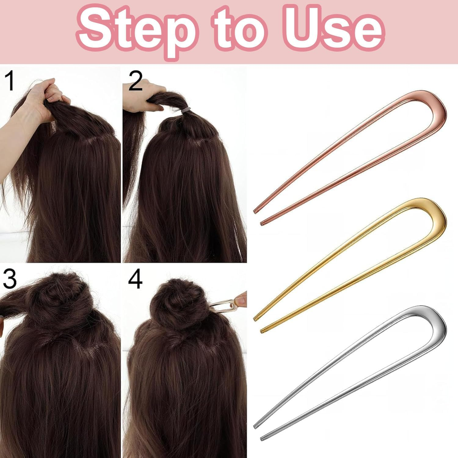 Pack of 3 U-Shaped Hair Pins, French Hairpin, 2 Prong Hair Bun Pins, Metal Hair Accessories, Hair Pin Hair Clip, Updo Hair Clips, Hair Styling Accessories for Women and Girls image number 3