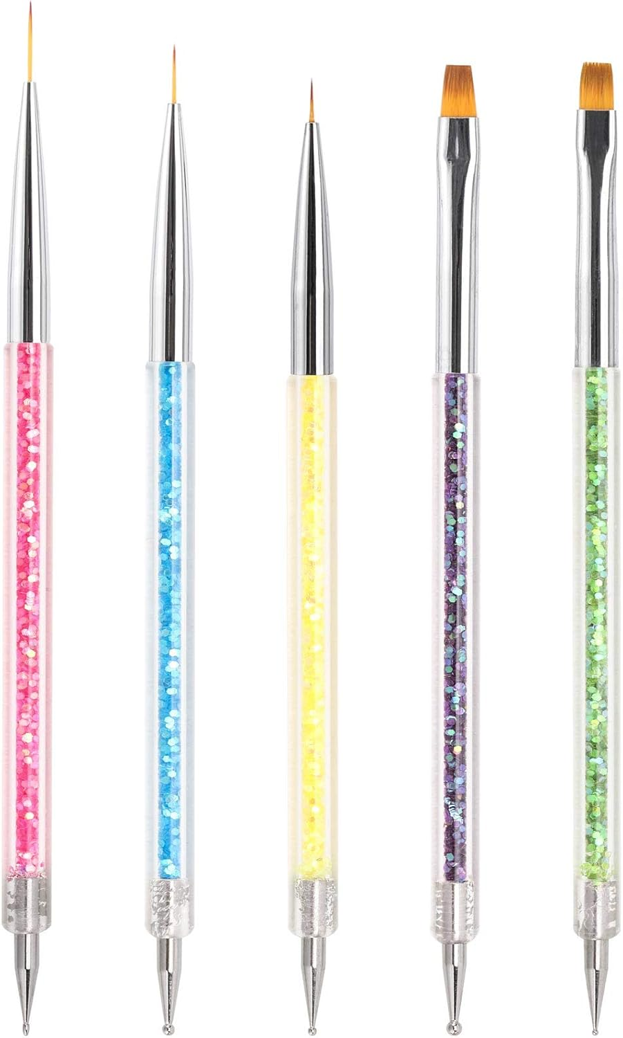 5 Pieces Nail Art Liner Brushes, Dual-Ended Painting Nail Design Brush Pen Include Liner Brushes and Dotting Pen 5/7/9/11/13 Mm