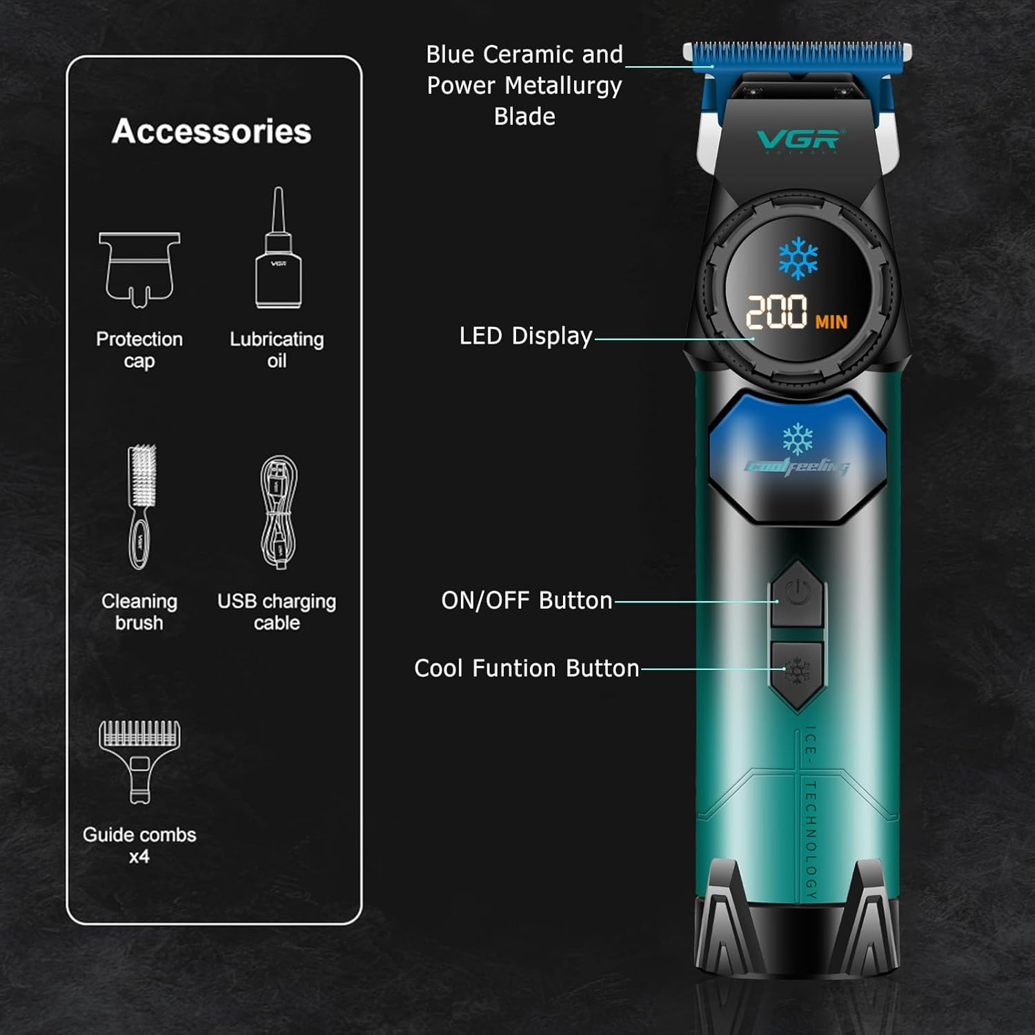 VGR 946 Professional Hair Trimmer for Men, 8000RPM High-Speed Cordless T-Blade Trimmer with Blue Ceramic & Powder Metallurgy Blade, Rechargeable Detail Clipper with 4 Guide Combs & USB Charging image number 3