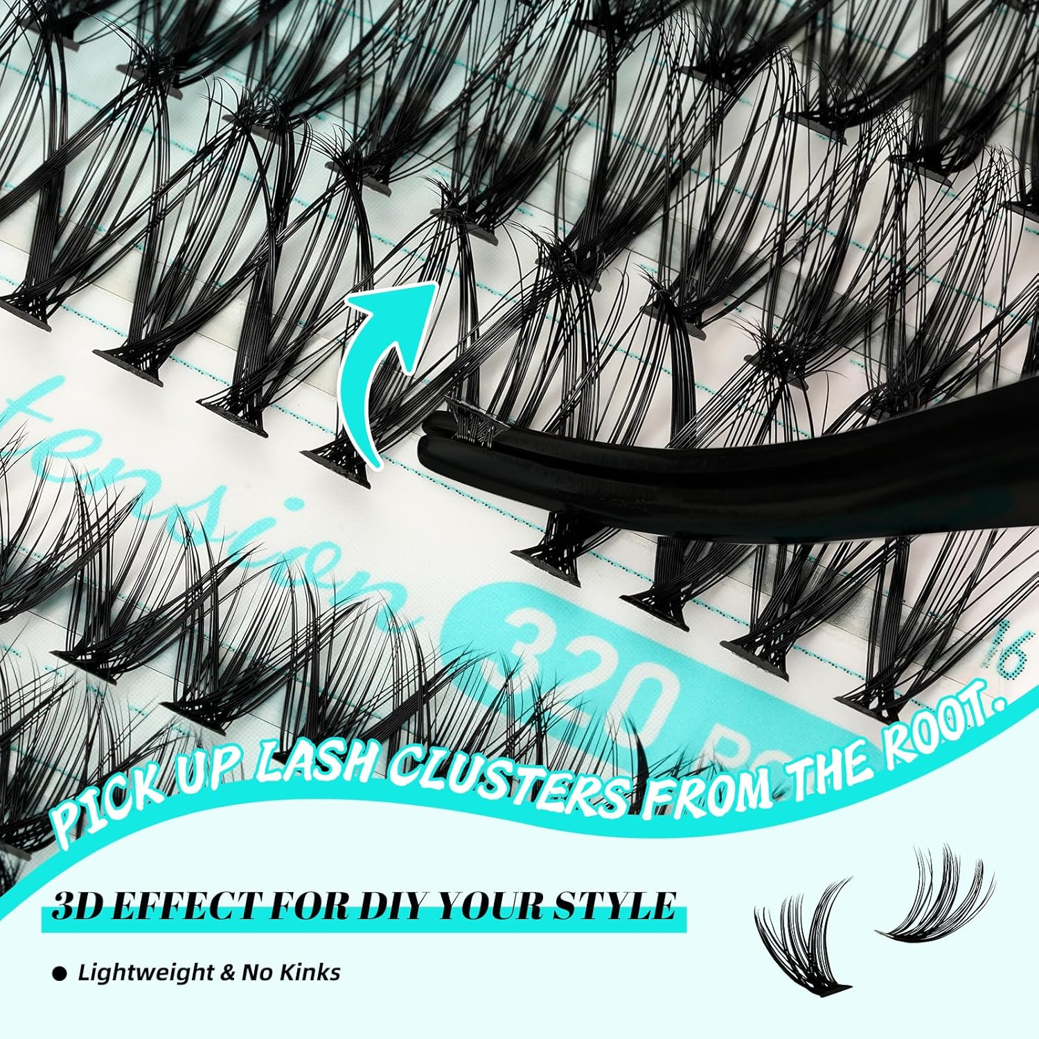 Lash Extension Kit 320Pcs,Diy Individual Lashes Clusters Kit,Lash Bond and Seal, Remover for Eyelashes Extensions, Applicator Tool for False Eyelash Cluster at Home(3040D,D-Mix9-16Mm) image number 1
