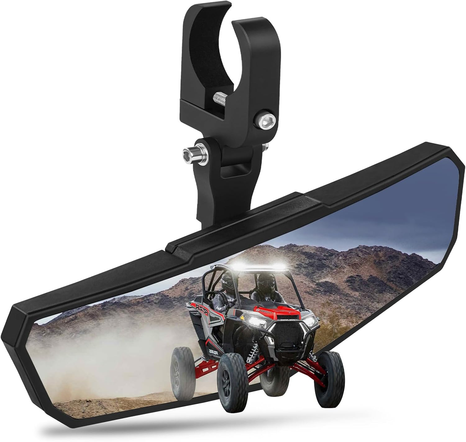UTV Rear View Mirror, HD SXS UTV Center Mirror with Aluminum Clamp Fits 1.5"-2.0" Roll Cage Mount, Compatible with Polaris RZR, Maverick Can Am X3, Pioneer, Talon, Kawasaki, CFMOTO, Yamaha image number 1