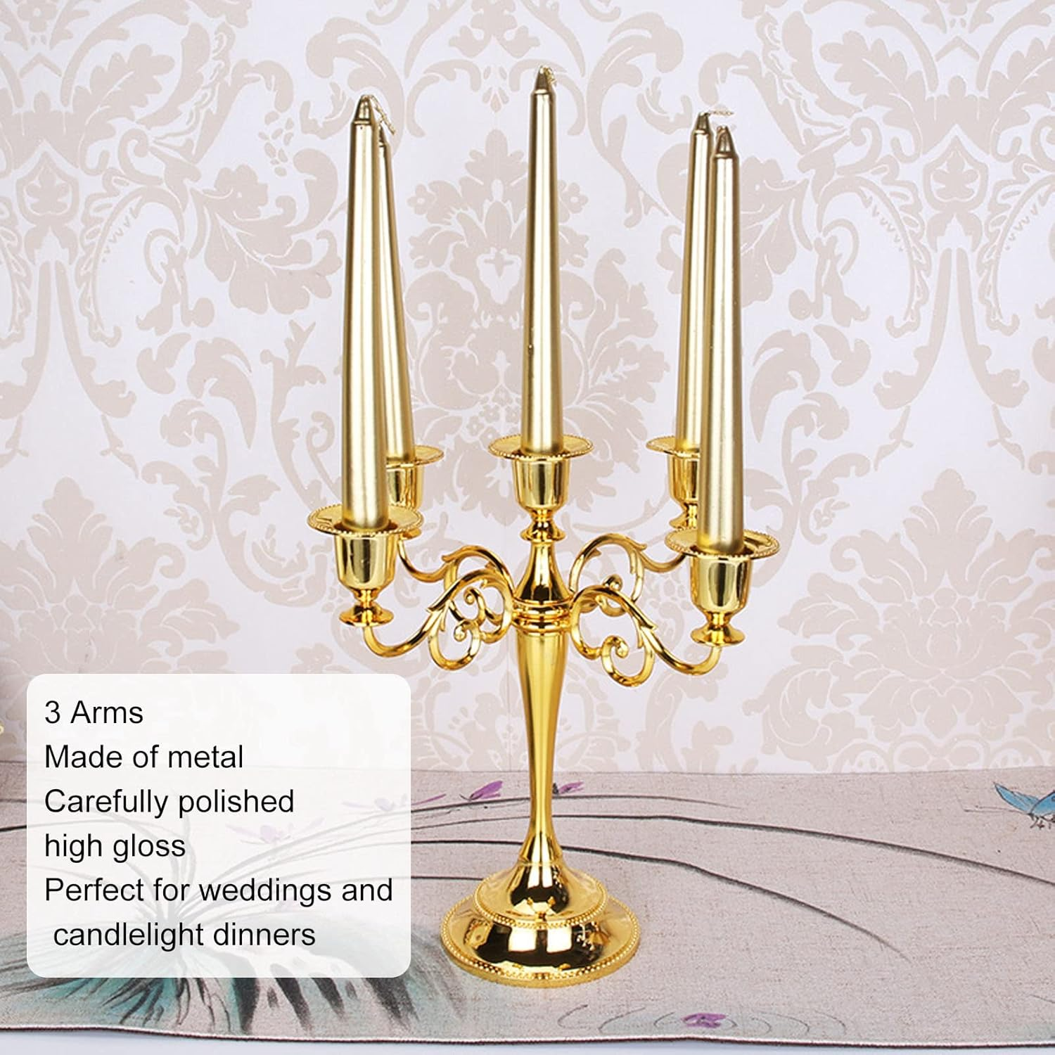 3 Arms Candelabra, Retro European Style Metal Candle Holder, Metal Vintage Candelabra Candlestick Wedding Table Decorations for Dining Table Birthday Party Christmas Home Decor (Gold) image number 4