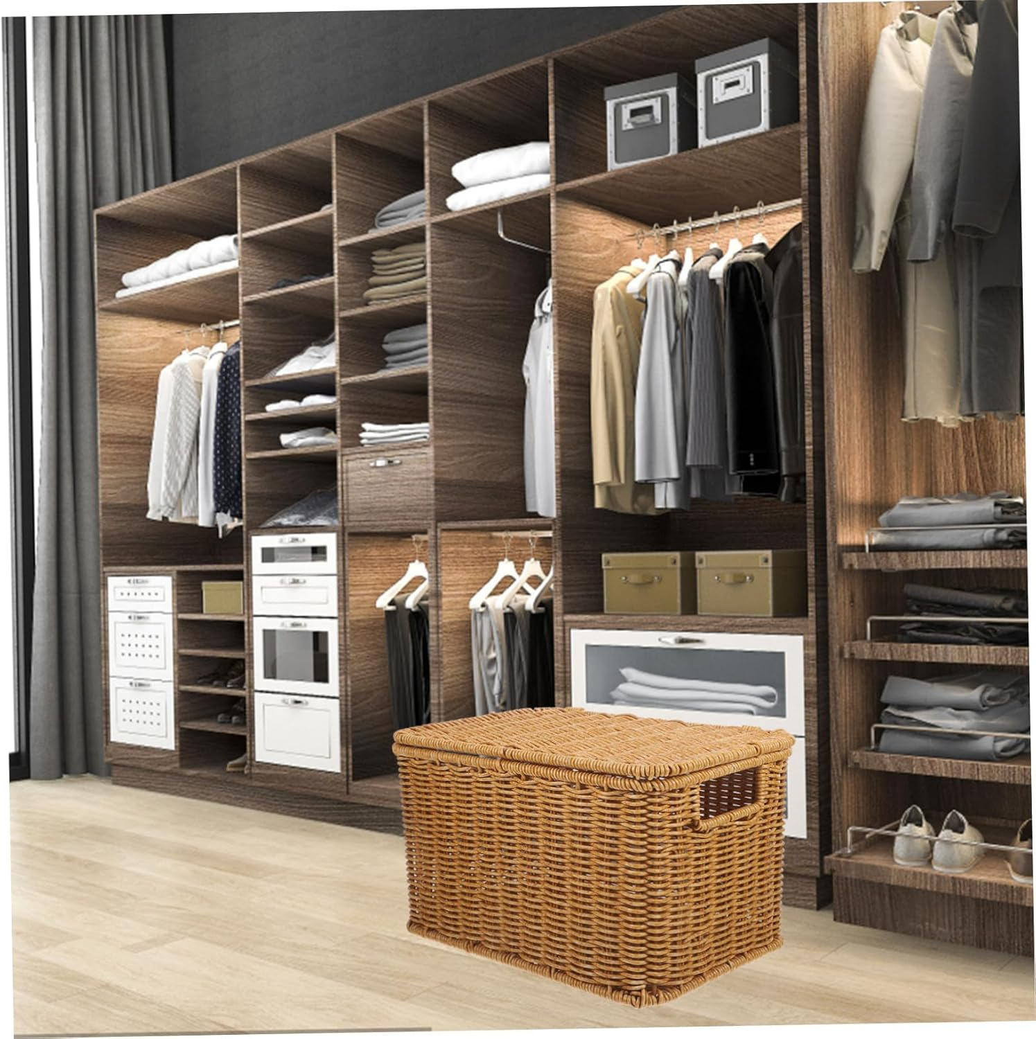 BUTIFULSIC Woven Storage Basket with Lid Multipurpose Household Organizer for Clothes Sundries Handcrafted Rattan Box for Bedroom and Living Small with Handles