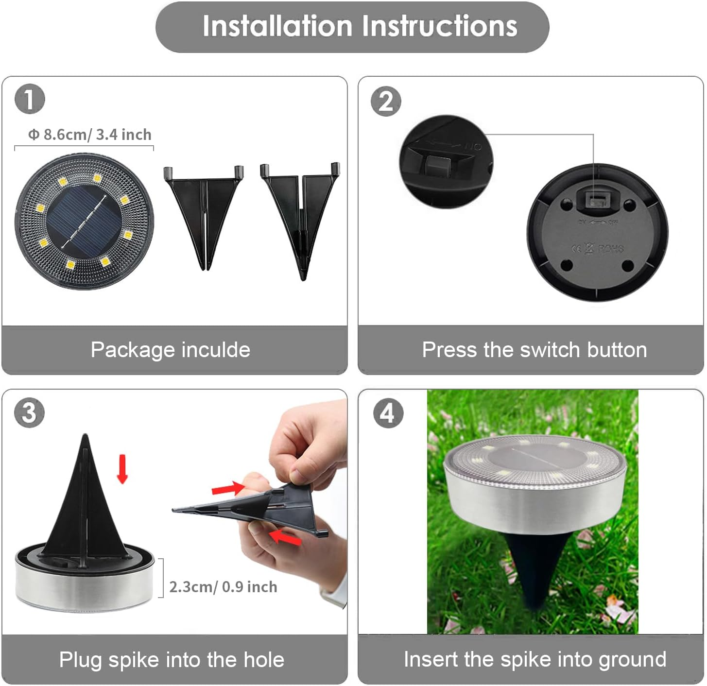 Solar Light Outdoor Ground 8Pcs 8 Leds Stainless Steel Disk Lamp IP68 Waterproof Wireless with Spike, for Path Gargen Landscape Lighting (Warm Light) image number 4