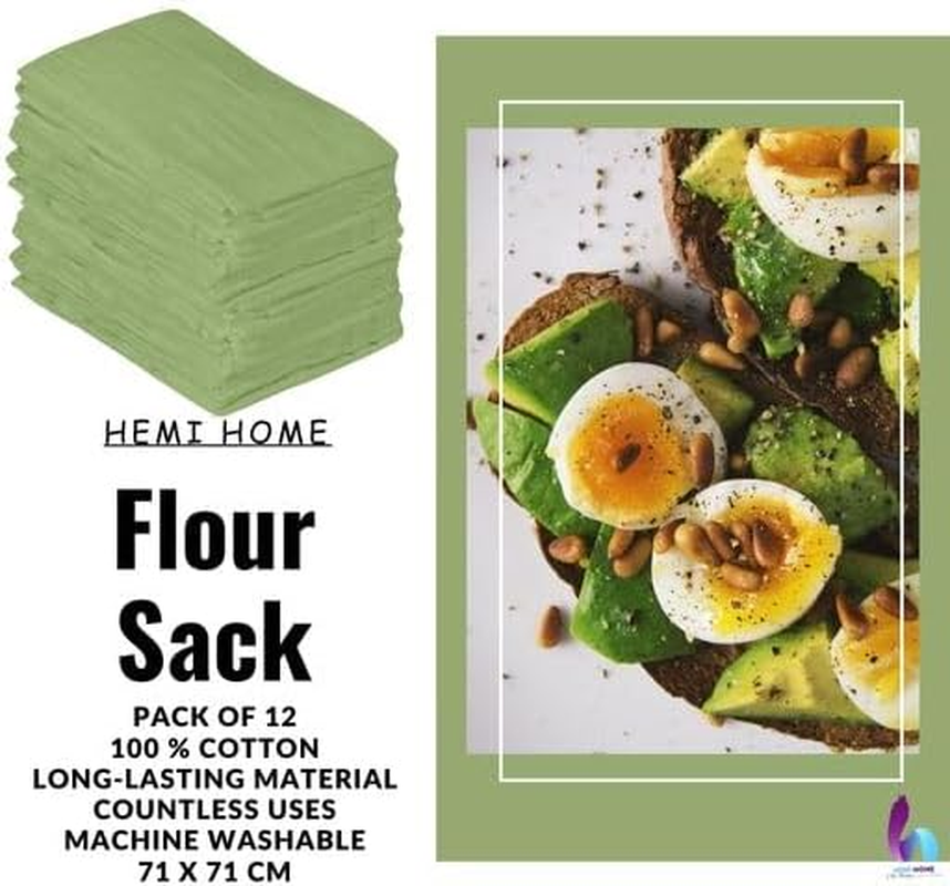 Hemi Home Flour Sack Kitchen Towels (Sega Green, 12 Pack), 100% Cotton 28 X 28 Inches Cloth Napkins, Multi Purpose Dish Cloth | Tea Towels | Kitchen Towels&hellip; image number 1