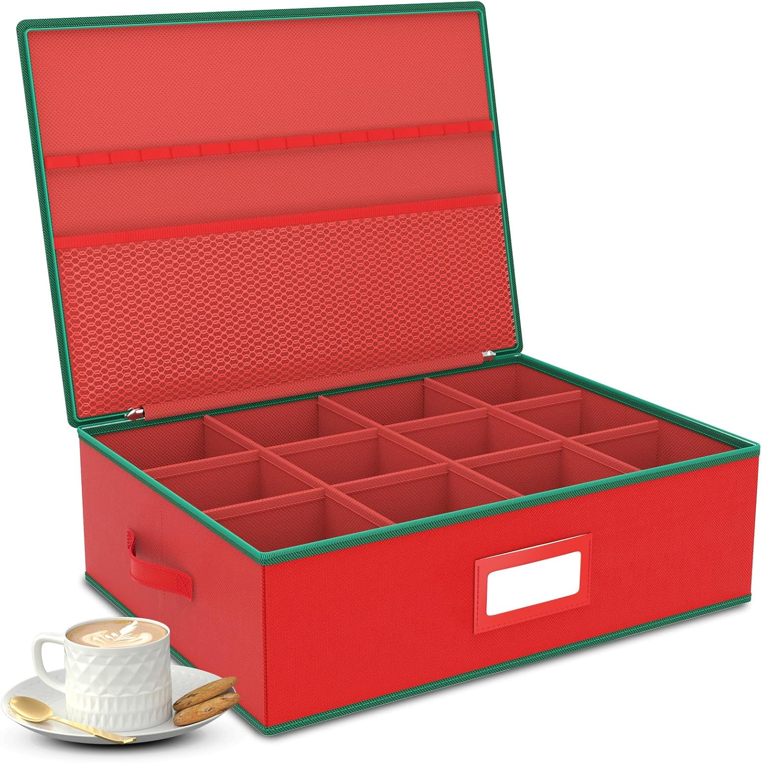VERONLY Christmas Mug Storage Box Organiser - Stackable Hard Case Box with Dividers, Mesh Bag, Lid, Handles, for 12 Cups in Cupboard, Christmas Decoration (Red) image number 6