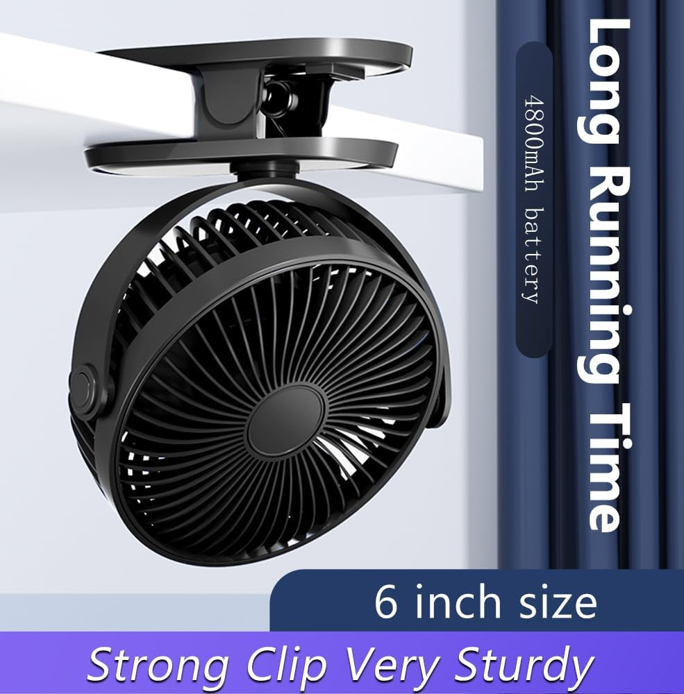 RINGSUN 4800Mah Portable Fan Clip On, Desk Fan Rechargeable with LED Light, USB Battery Operated Table Fan Cooling for Home Office Camping Travel, Black image number 3