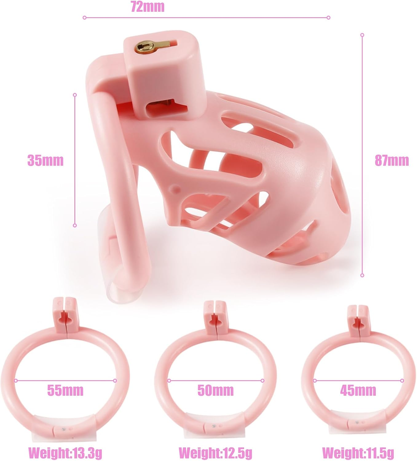 Chastity Cage for Men - Lightweight 3D Printed Honeycomb Penis Cage with 3 Sizes Rings, Invisible Lock & 2 Keys | Body-Safe Resin & ABS | Bondage, Abstinence, SM Sex Toy (Pink) image number 2