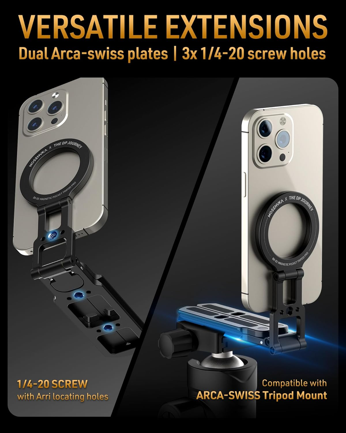 MOSENVKA Dual Magnetic Phone Tripod Foldable Double Magnet Mount Pocket Cell Phone Stand for Iphone 16/15/14/13/12 plus Max for Ipad Travel Gym Magnetic Tripod [US Patent Registered] image number 3