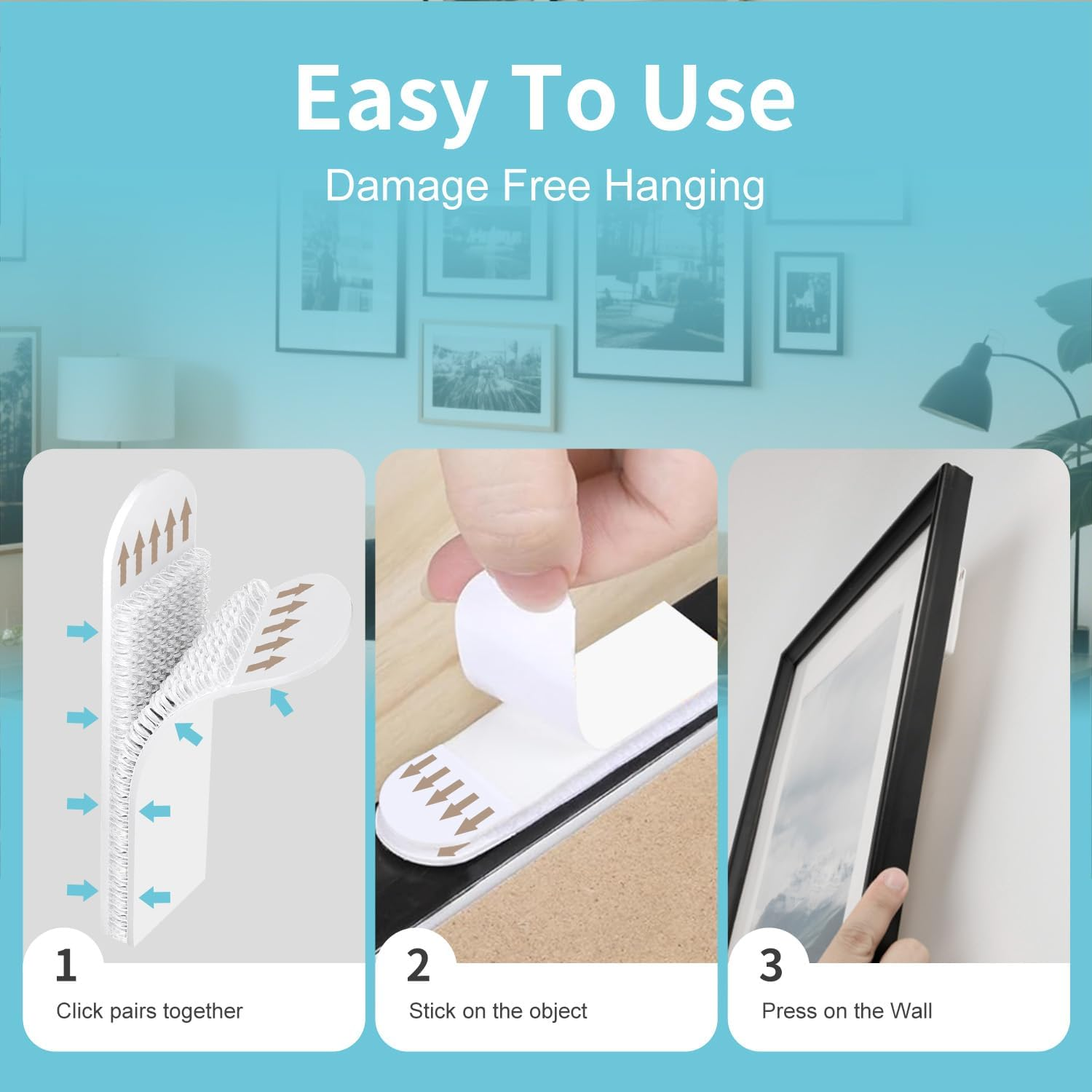 Picture Hanging Strips Heavy Duty, Damage Free Hanging Picture Hangers for Walls, Picture Hanging Kit, Hanging Hooks without Nails, Medium Poster Wall Strips White 20-Pairs (White, 6.6Cm+10Cm) image number 5
