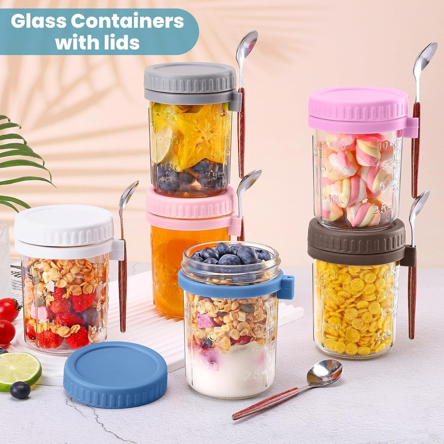 6 Pack Overnight Oats Containers with Lids and Spoons, 16 Oz Mason Jars with Removable Separate Compartments, Airtight and Leak-Proof Glass Jars for Chia Pudding, Yogurt, and Oatmeal image number 4