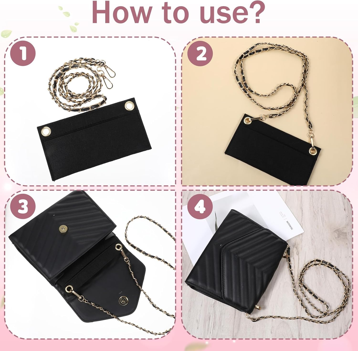 3PCS Felt Purse Organizer Insert with Eyelet, Purses Crossbody Conversion Liner Wool Tote Bags Organizers Bag Classic Inner Pocket Storage for Envelope Bag Women Clutch Bags Handbag No Chain image number 3