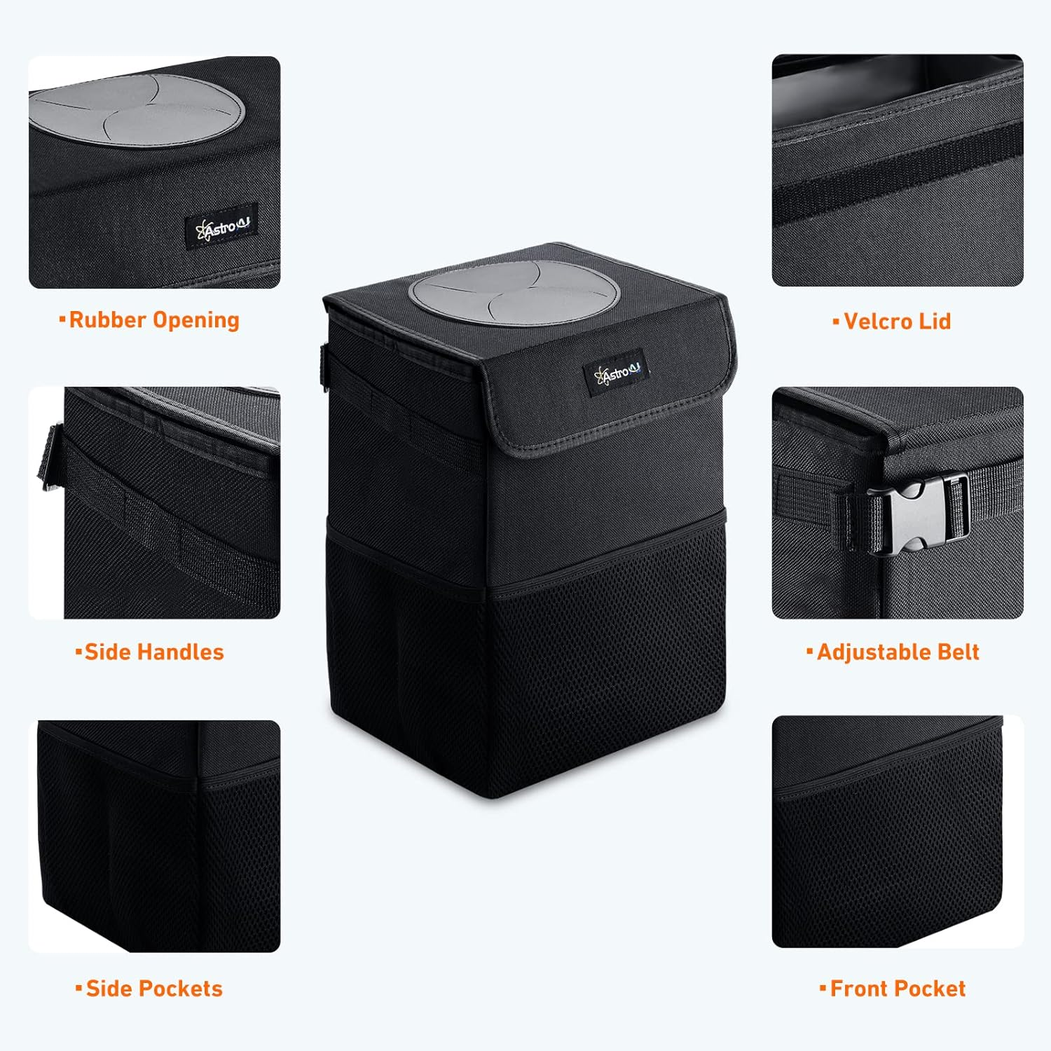 Astroai Car Trash Can with Lid and Storage Pockets, Leak-Proof Waterproof Car Garbage Can Large Opening, Multipurpose Folding Trash Bin for Car image number 1