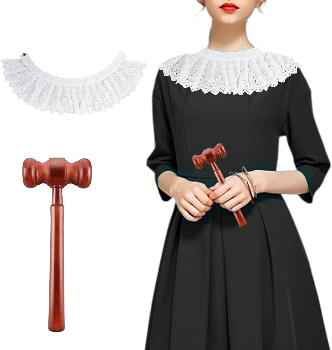 Halloween Judge Costume Accessory Lace False Collar Judge Choker Blouse Collar plus Wooden Courtroom Gavel Hammer for Halloween Judge Cosplay Justice Costume Party Favors Props image number 4