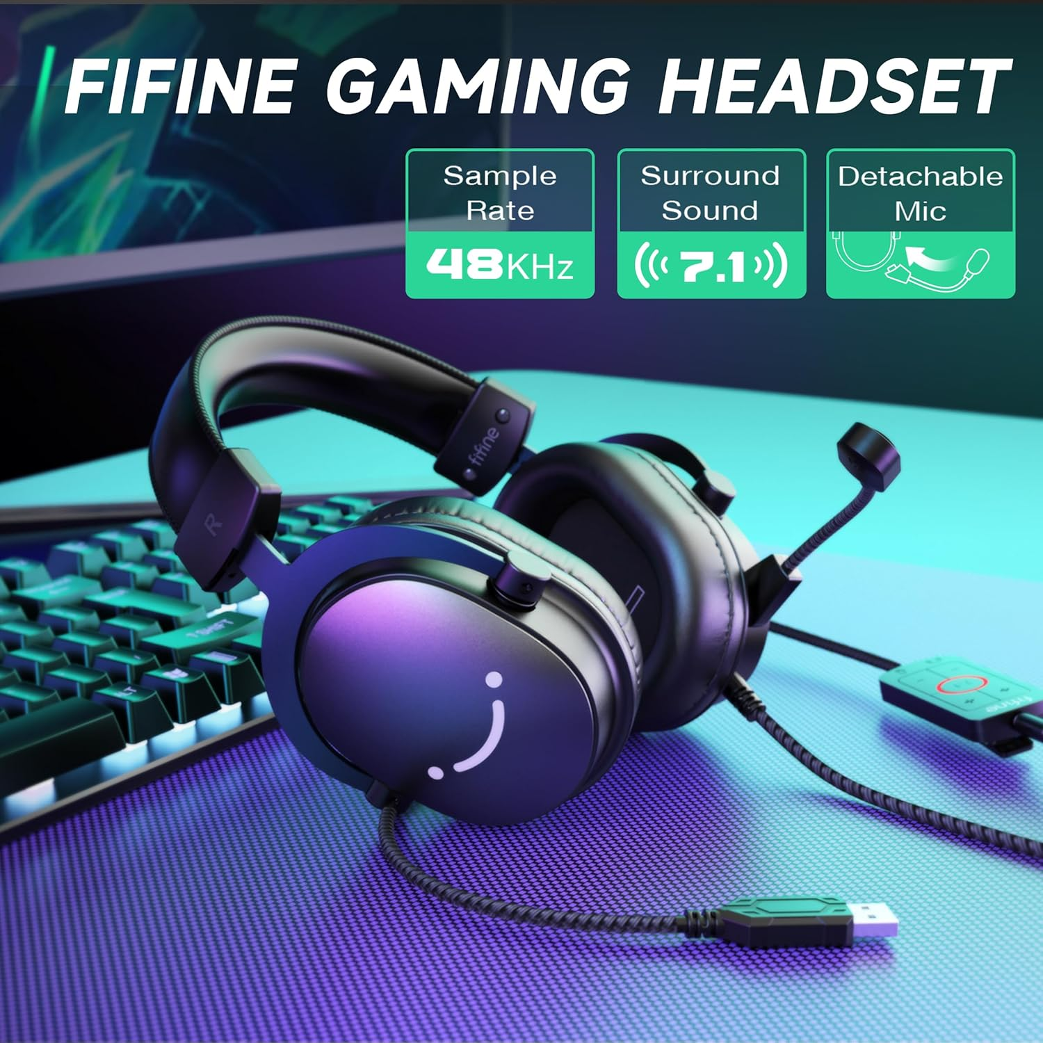 FIFINE Gaming Headset with Microphone, over Ear Headphones with Cable, USB Headset for PC PS4 PS5 Xbox Switch, RGB Headphone with 7.1 Surround Sound and Ear Pads image number 5