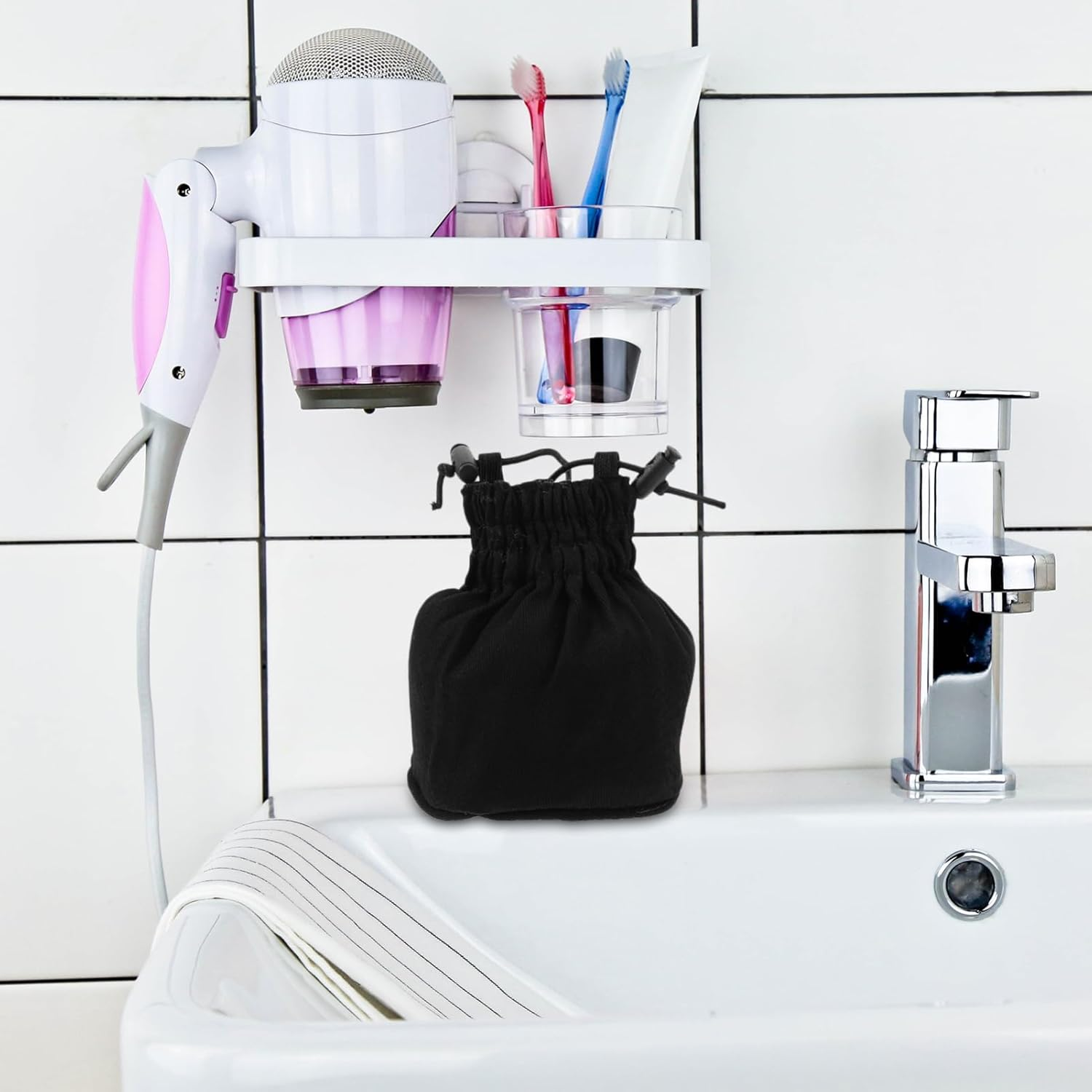 Universal Foldable Hair Dryer Organizer Case with Mesh Diffuser Cover Silver Canvas Hair Blower Sleeve Wet and Dry Use image number 1