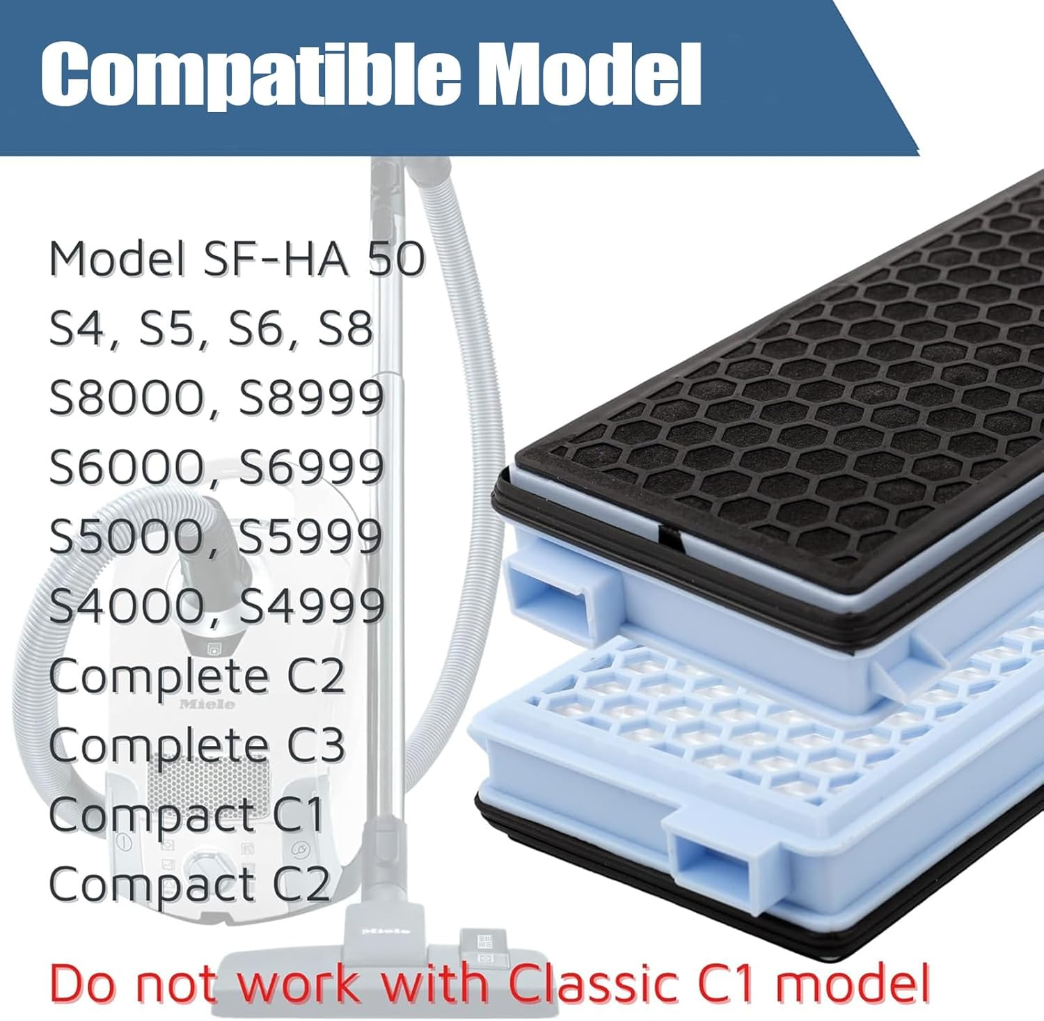 Zosylala Replacement HEPA Airclean Filters Compatible with Miele Vacuum Cleaner - Fits S4, S5, S6, S8, Complete C2, C3, Compact C1, C2 - SF-HA 50 Replacement Filters(2-Pack) image number 4