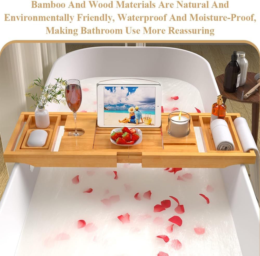 Bamboo Bathtub Tray,Premium Bathtub Tray,Expandable Bath Table,Luxury Bamboo Bath Table,For Spa or Reading Lite Style image number 3