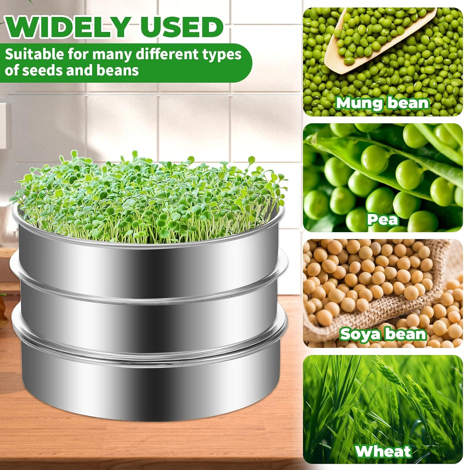 Awobepl Sprouts Growing Kit Stainless Steel Sprouting Kit Stackable Seed Sprouting Tray for Beans Peas image number 4