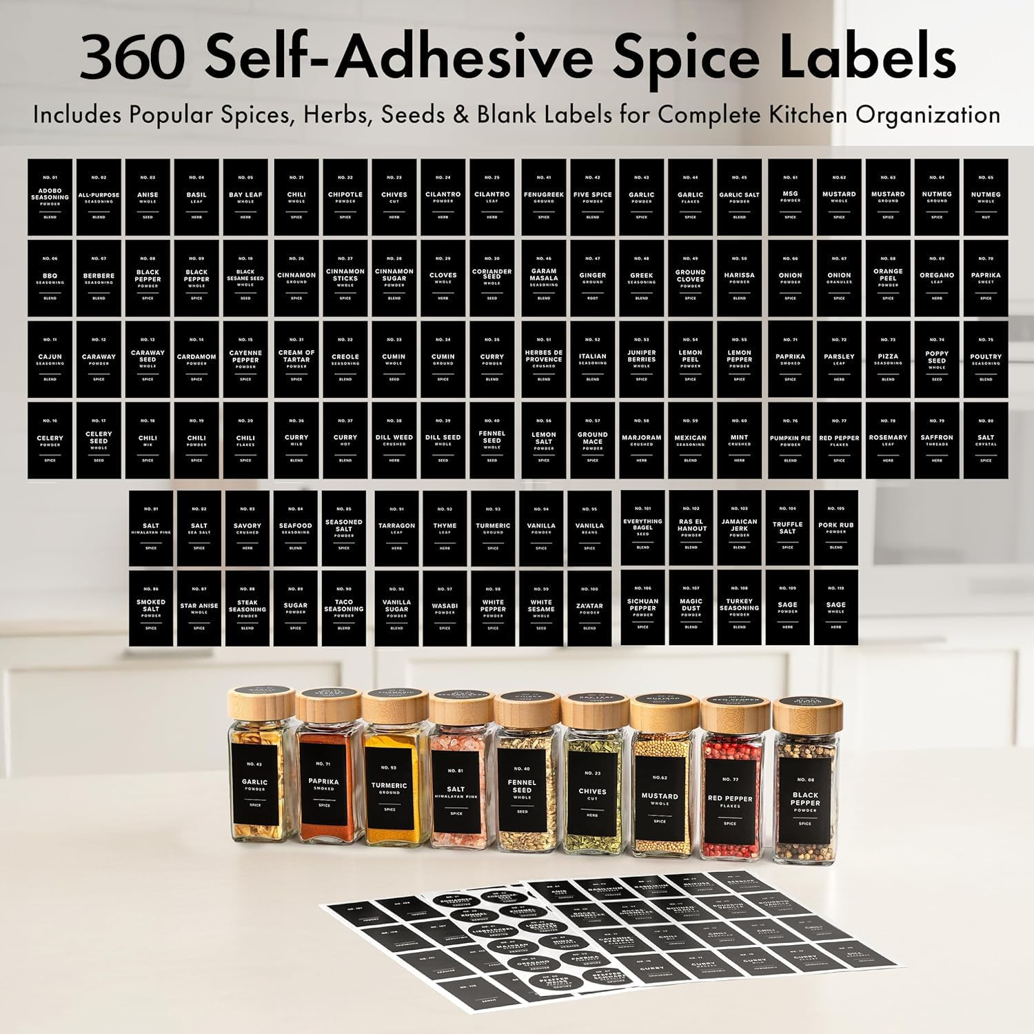 Telfun Square Spice Jars with Bamboo Wooden Lid (Pack of 24) Spice Jars with Shaker Insert and 360 Labels - Bamboo Lid Glass Container for Spice Organisation [4.3 in &times; 1.8 In] image number 4