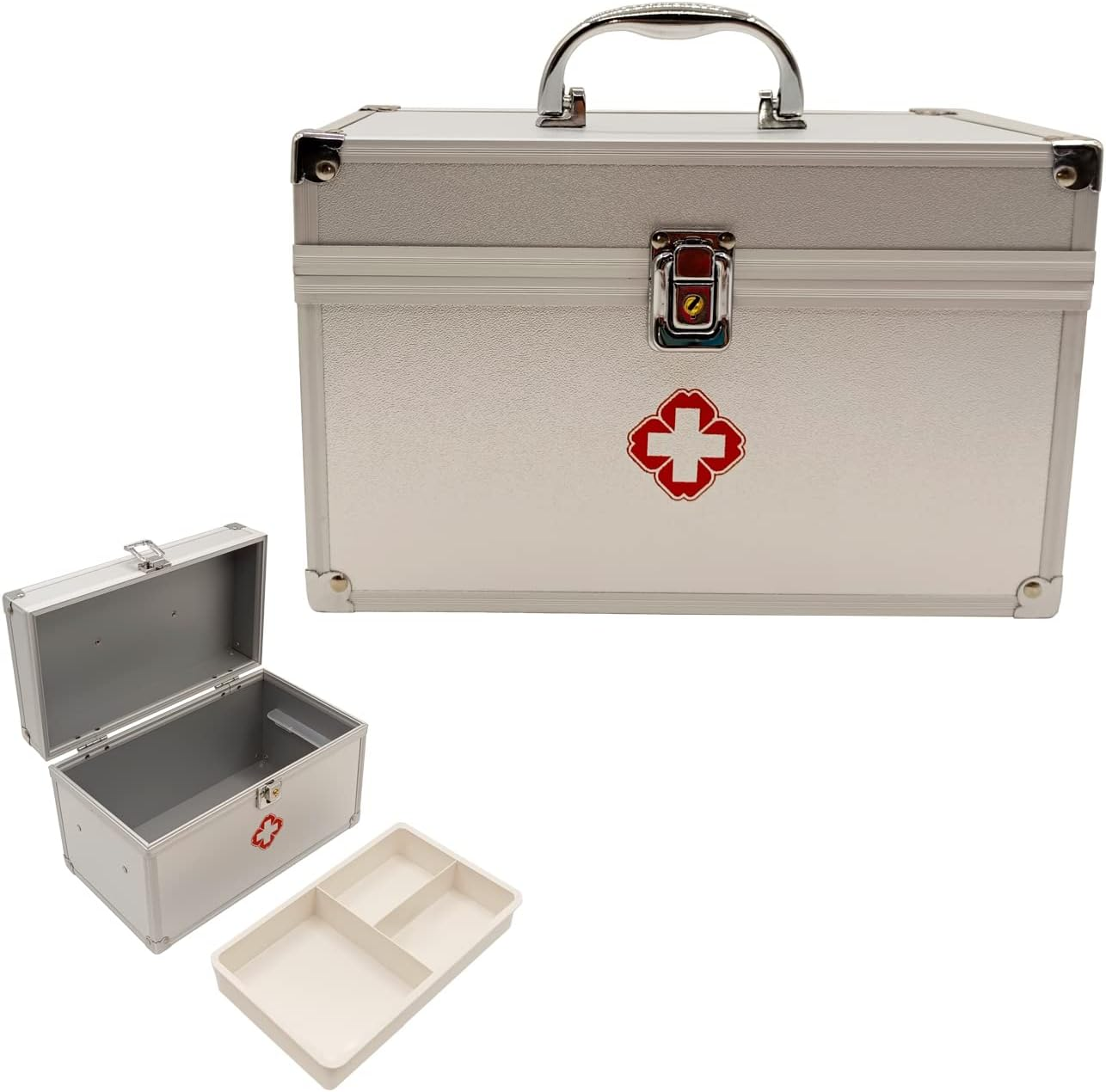 FOREVERIE Premium 14 Inches Empty First Aid Box with an Internal 3 Grid Tray and Shoulder Strap, Aluminum Alloy Framed, Portable Home & Work Medicine Box for Medical and Health Industry Workers