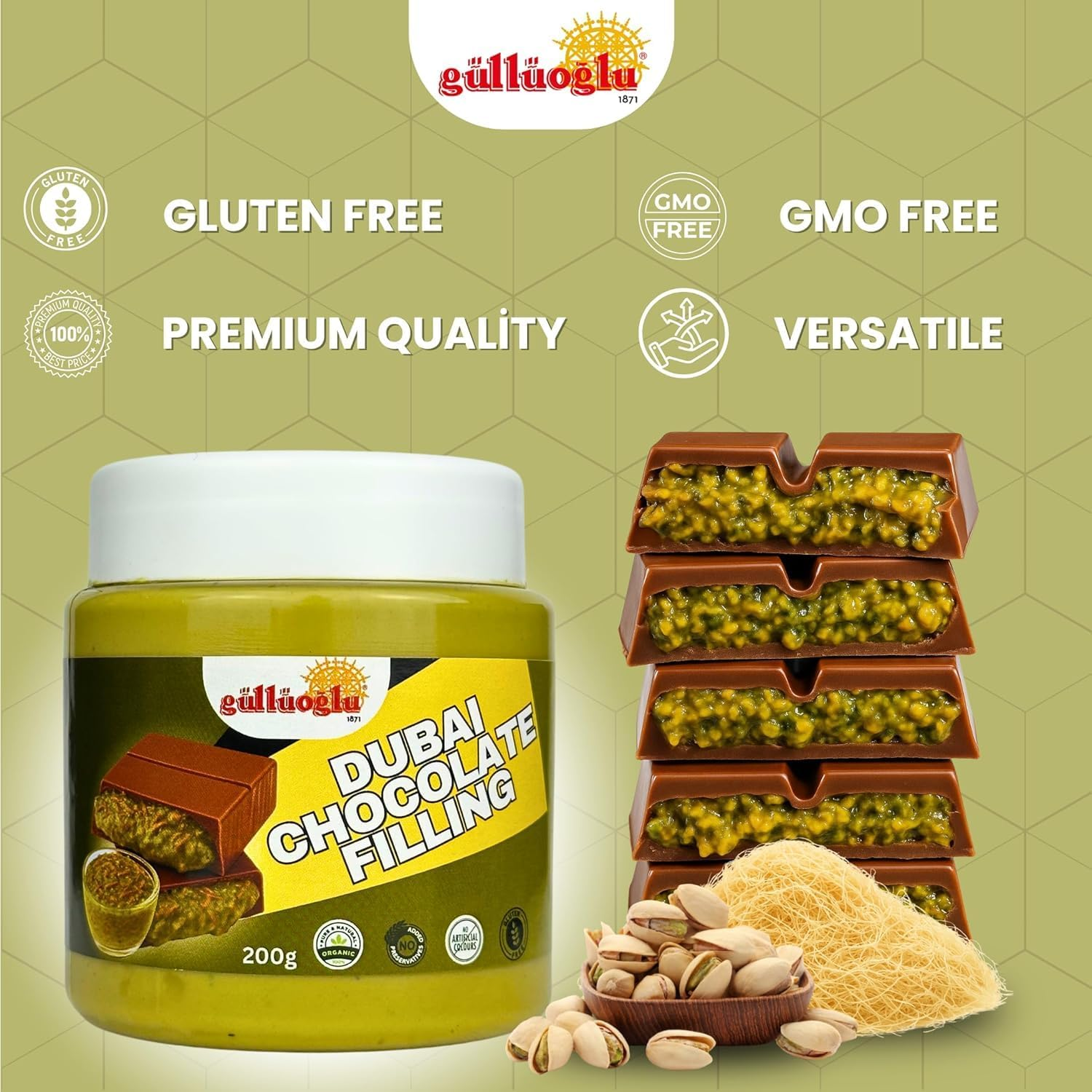 Gulluoglu Dubai Chocolate Filling &ndash; 200G 7Oz Pistachio Cream with Crispy Kadayif | Middle Eastern Gourmet Dessert Best Ingredient for Dubai Chocolate | Rich, Crunchy & Decadent Treat