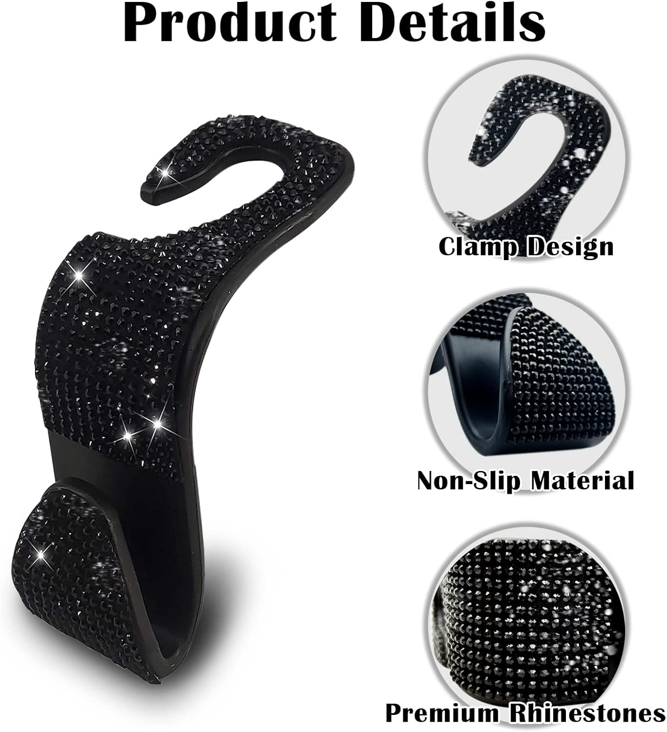 2PCS Car Seat Hooks - Bling Rhinestone Headrest Hooks with Universal Design - Perfect for Holding Handbags, Clothes, Purses, and Water Bottles - Black image number 1
