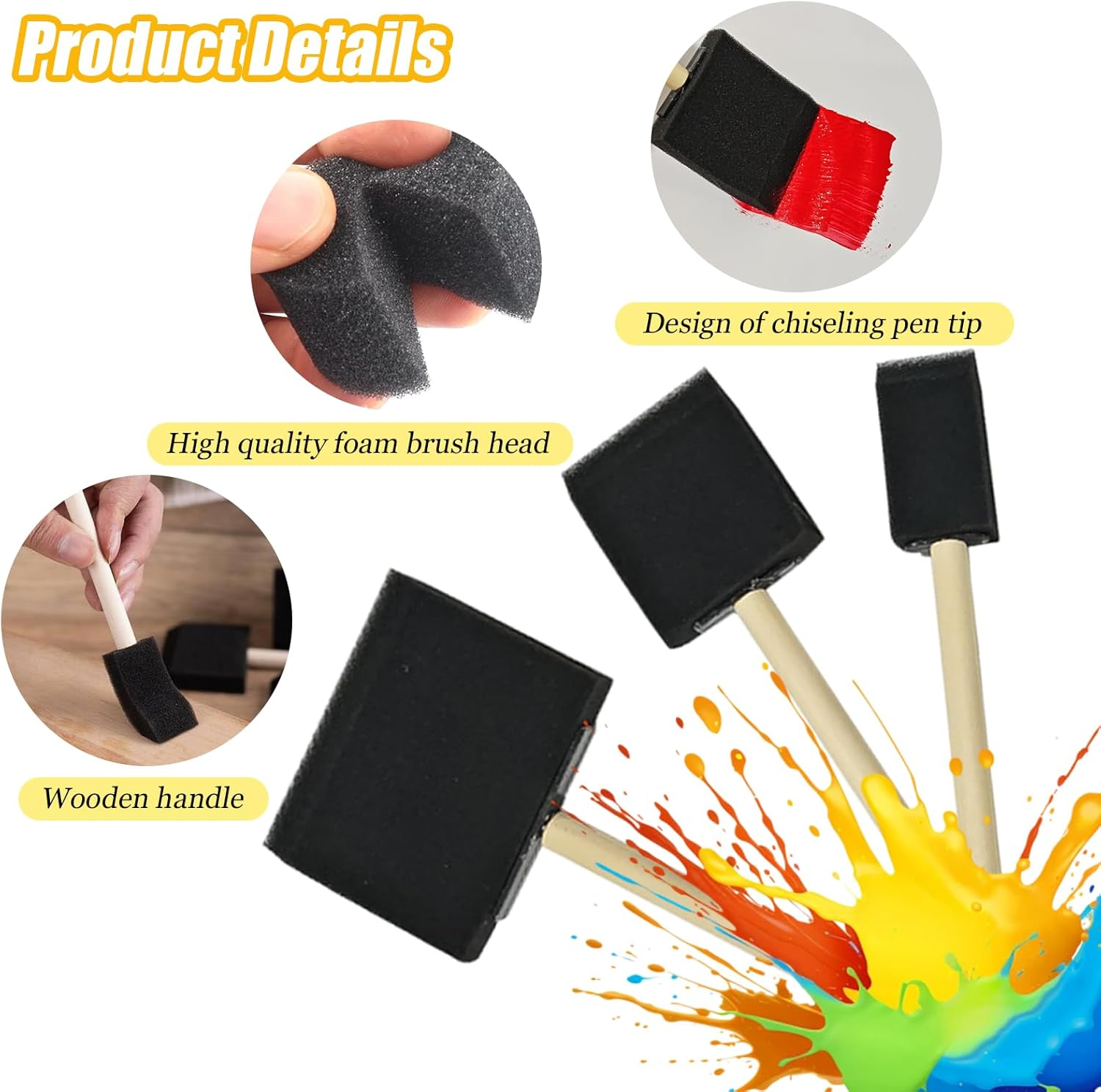 5 Pcs Foam Brush, Sponge Paint Brush, Painting Decorating Varnish Staining Wooden Handles Mixed Set for Applying Dye, Paint, Stain, Varnish and Oil to Wood. Perfect for Arts, Crafts, Cleaning and More image number 5