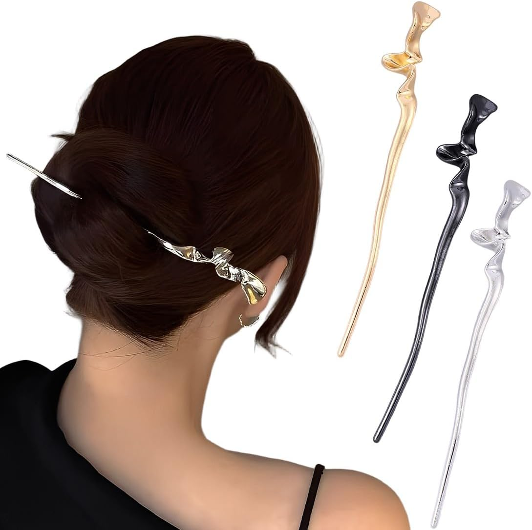 JYNXOR 3 Pieces Hair Stick, Metal Hair Stick, Hair Pins, Large Chinese Hairpin, Elegant Retro Style Hair Sticks, Shiny Long Hair Pins, Chignon Pins for Women, Bun Decorative Hair, Solid Hairstyle