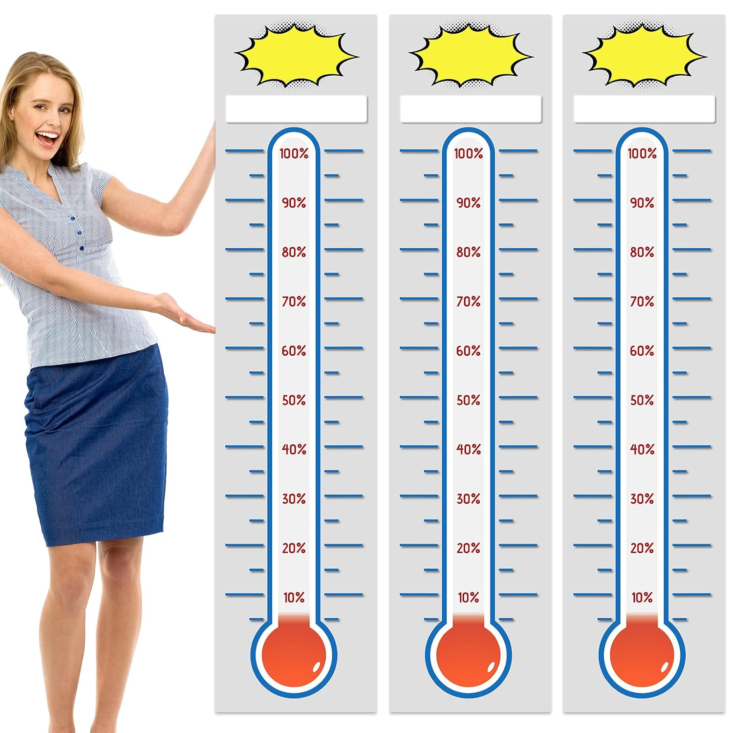 Gersoniel 3 Pcs Fundraising Thermometer Goal Charts 11" X 46.5" Dry Erase Goal Trackers Chart Thermometer Setting Wall Poster Vinyl Sticker Chart for Home Office(White) image number 1