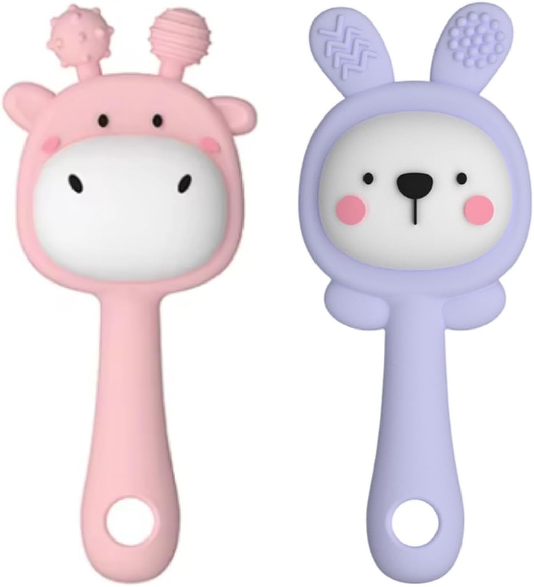 BPA Free Baby Rattle Teether Toy with Light Music - Soft Sensory Silicone Chewable for 6-12 Months Infants, Toddler Pack of 2 (Pink-Purple) image number 6