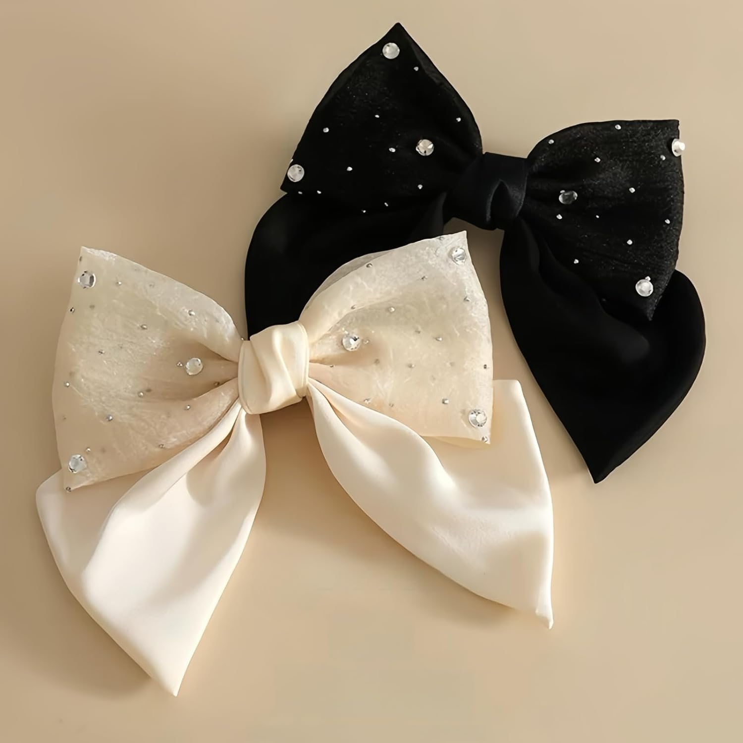 Ypkia Pack of 2 Hair Bow Rhinestone Women'S Hair Clips with Bow Fabric Satin Hair Bows Hair Clips for Women Girls (Black + Beige) image number 3