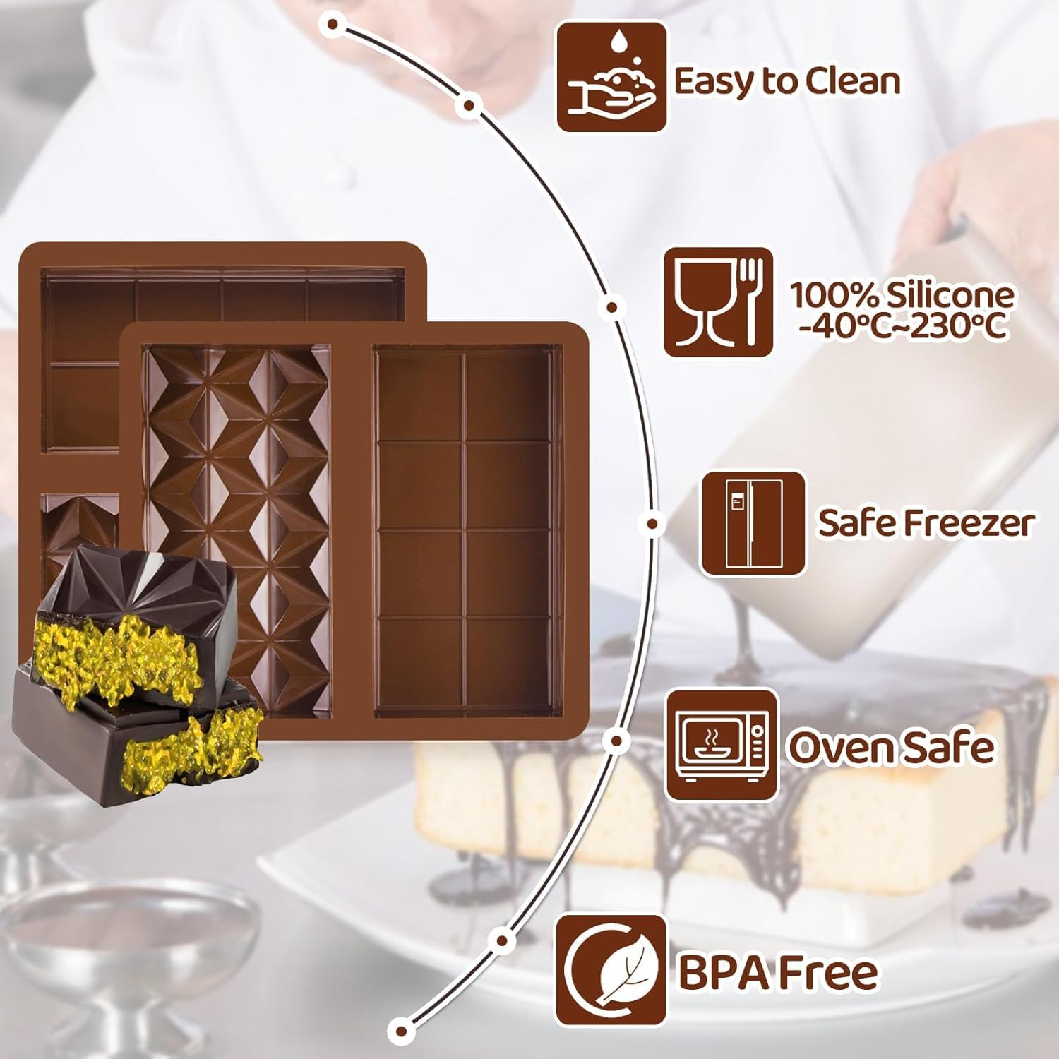 2PCS Chocolate Moulds, Myrthra Dubai Chocolate Mold Set with 100 Pieces Storage Bag and Scraper, Silicone Thick Chocolate Bar Molds image number 5