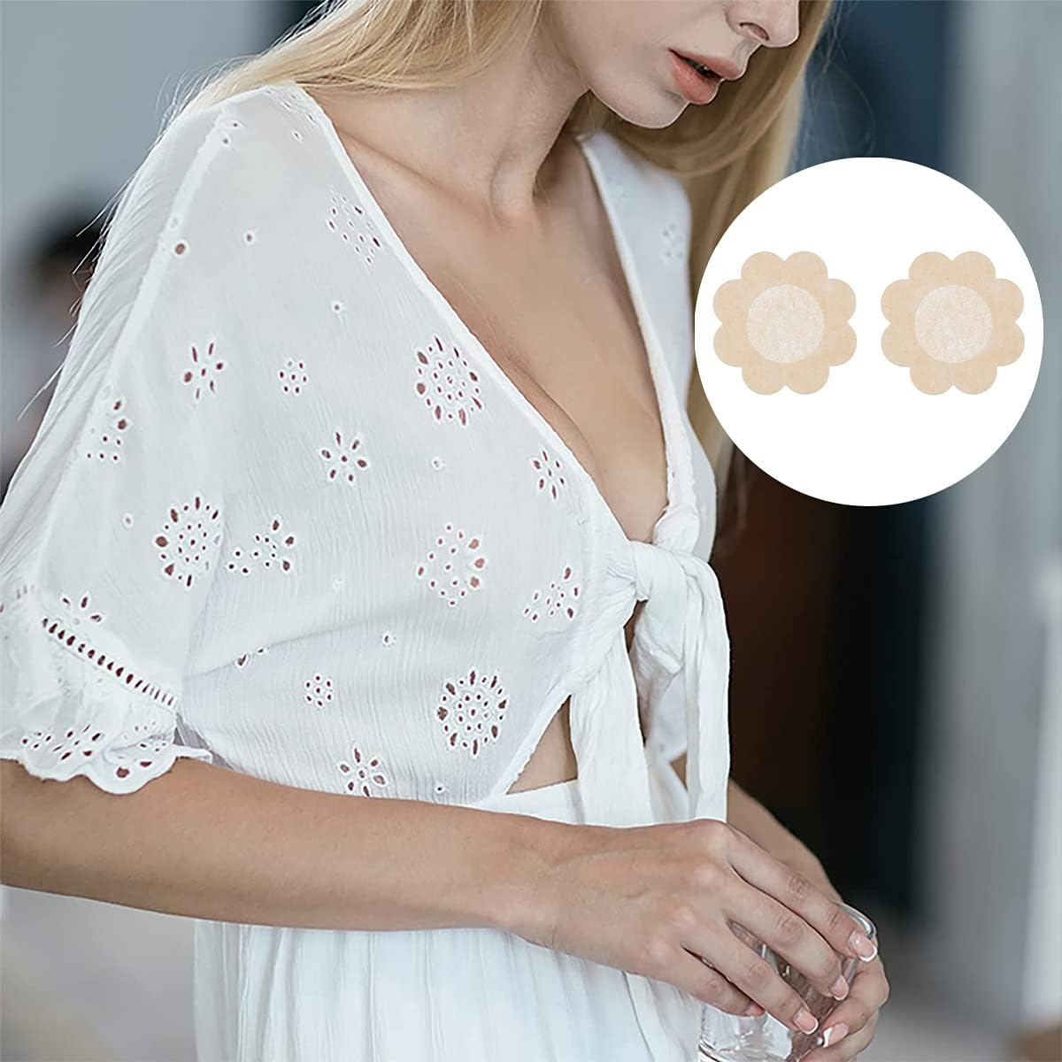 Nipple Cover, 40 PCS Disposable Breast Covers Self-Adhesive Petal Bra Pasties for Women (Round & Flower Shape) Nude image number 1