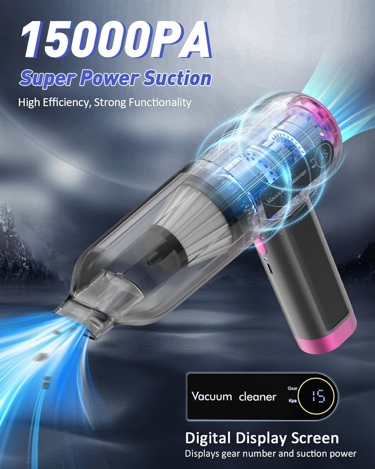 Car Vacuum Cleaner, 15000PA Mini Portable Handheld Car Vacuum Rechargeable Dust Buster, Wireless Air Blower, LED Display Powerful Cordless Vacuum Cleaner for Home Pet Hair Office (Red) - Red image number 2