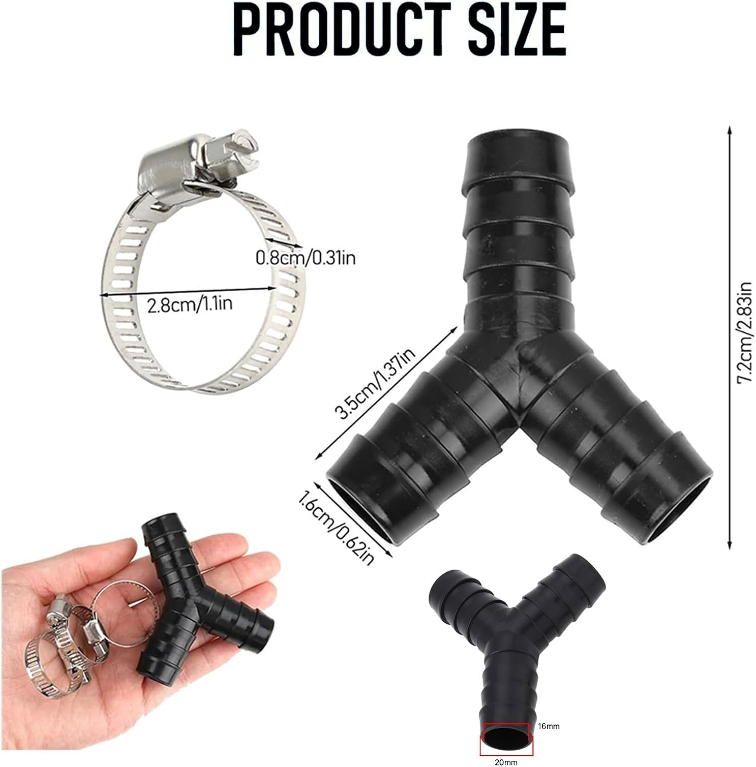 Lyvixora 2 PCS Drain Hose Y Connector 16Mm and 20X20Mm - Y Piece Splitter for Dishwasher and Washing Machine, Plastic Tee Adapter with Hose Clamps, (Black) image number 3
