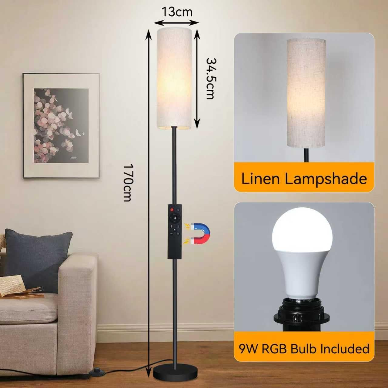 170Cm Smart LED Floor Lamp with APP Control & RGB Colors - Dimmable Standing Lamp for Living Room, Bedroom, Gaming - Remote, Timer, 9W Bulb Included